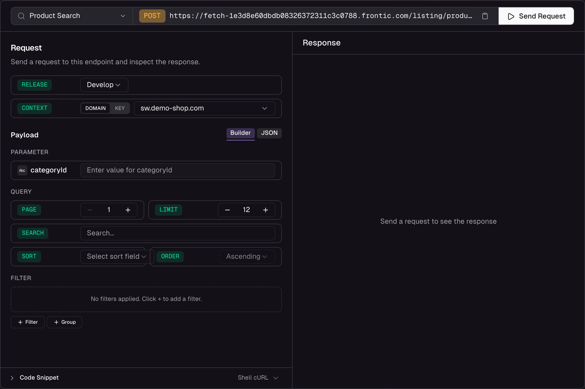 API Playground dialog showing request configuration on the left with parameters, filters, and sorting, and JSON response on the right with status and timing badges