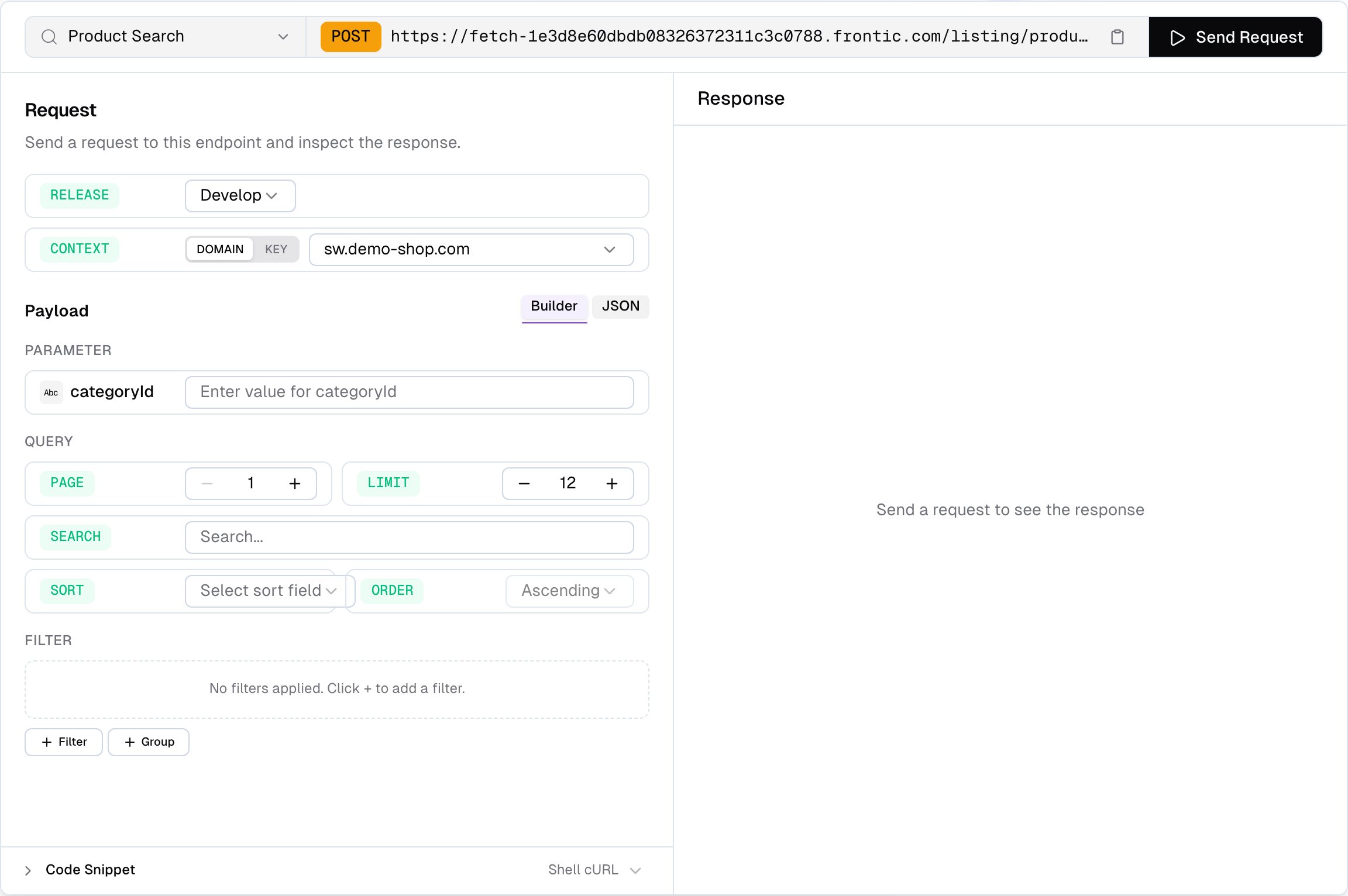API Playground dialog for a Search Listing showing parameter inputs, visual filter builder with AND/OR groups, sort and pagination controls on the left, and JSON response with status, timing, and size badges on the right