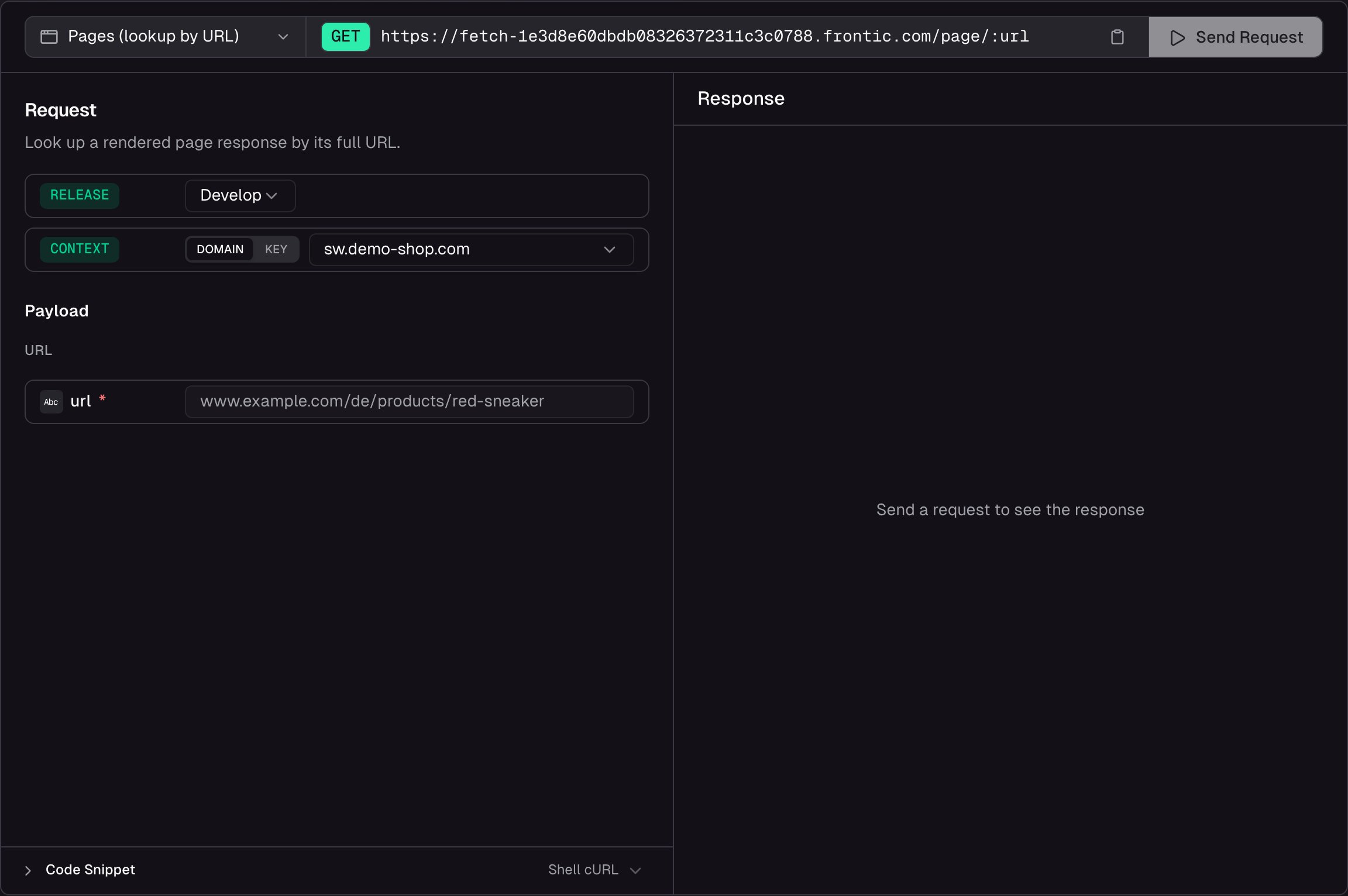 API Playground dialog for the page endpoint showing a URL input on the left, release stage selector, domain and context configuration, and a JSON response with the resolved page type, data, and route metadata on the right