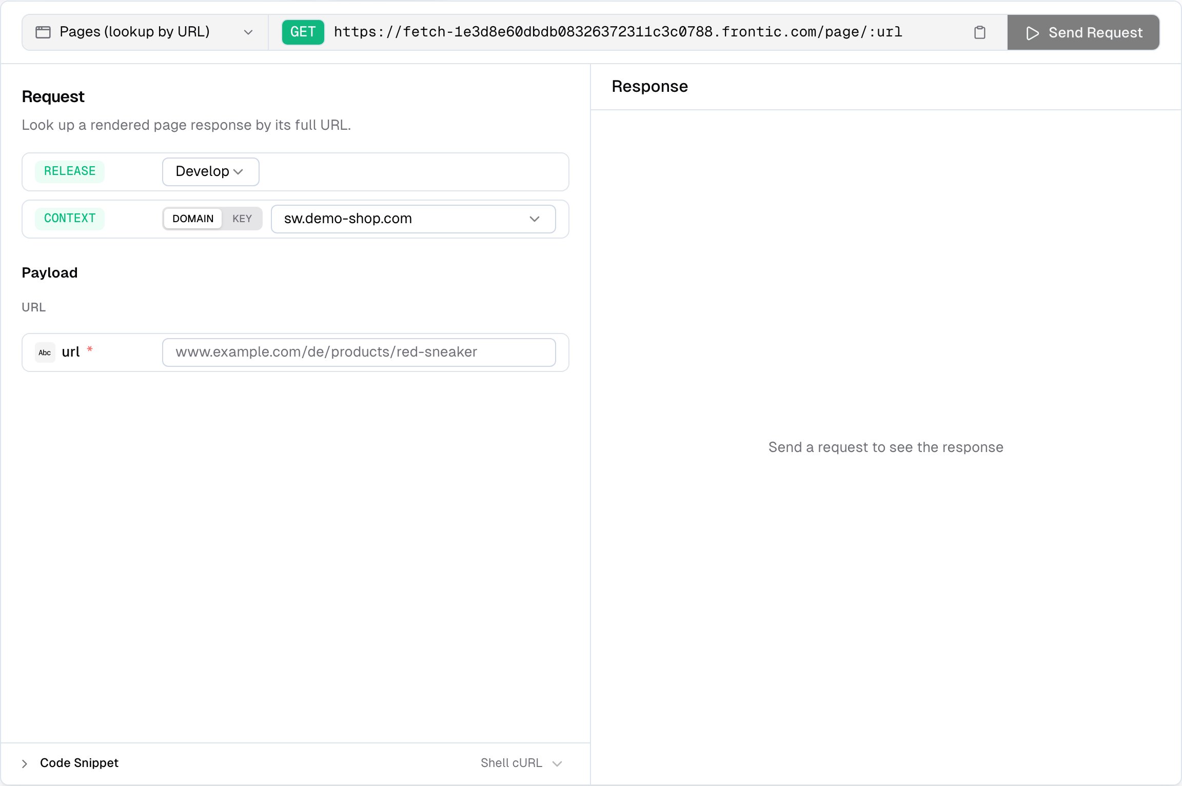 API Playground dialog for the page endpoint showing a URL input on the left, release stage selector, domain and context configuration, and a JSON response with the resolved page type, data, and route metadata on the right