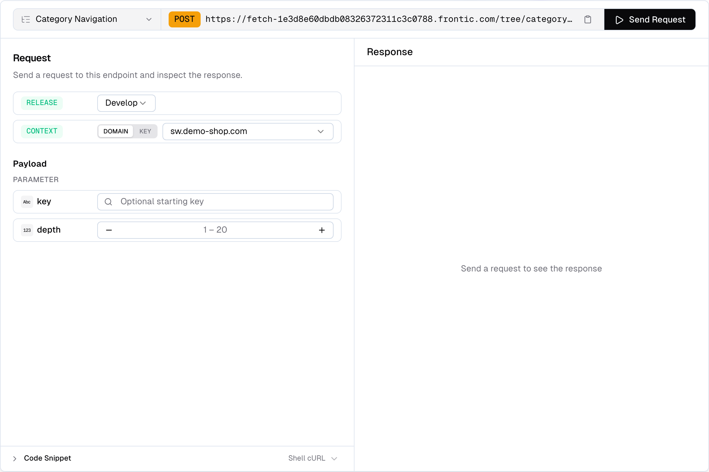 API Playground dialog for a Menu Tree showing key and depth inputs on the left, domain and context header configuration, and a JSON response with the items array on the right