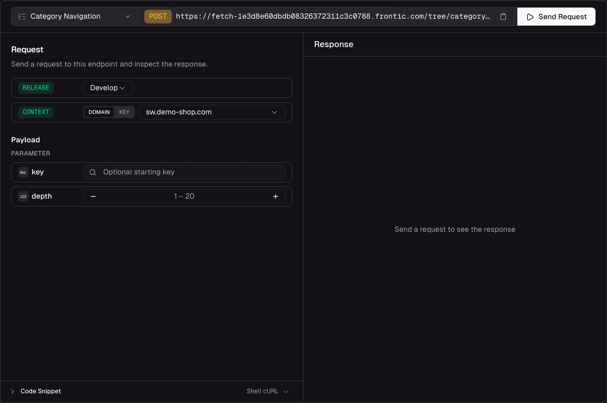 API Playground dialog for a Menu Tree showing key and depth inputs on the left, domain and context header configuration, and a JSON response with the items array on the right