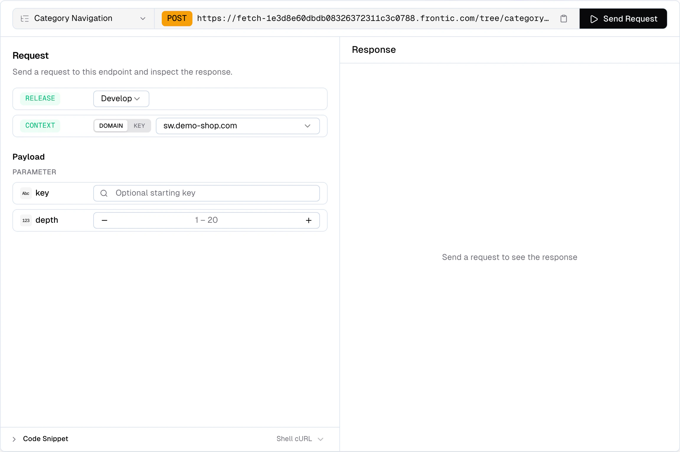 API Playground dialog for a Menu Tree showing key and depth inputs on the left, domain and context header configuration, and a JSON response with the items array on the right
