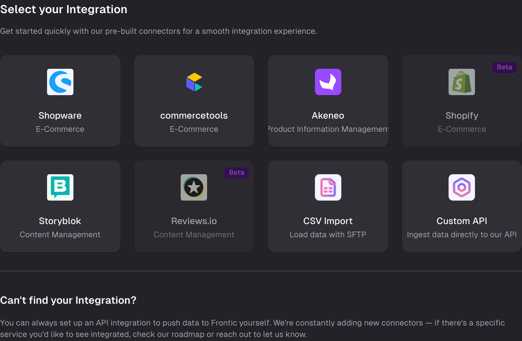 Integration picker showing pre-built connectors: Shopware, commercetools, Akeneo, Shopify, Storyblok, Reviews.io, CSV Import, and Custom API