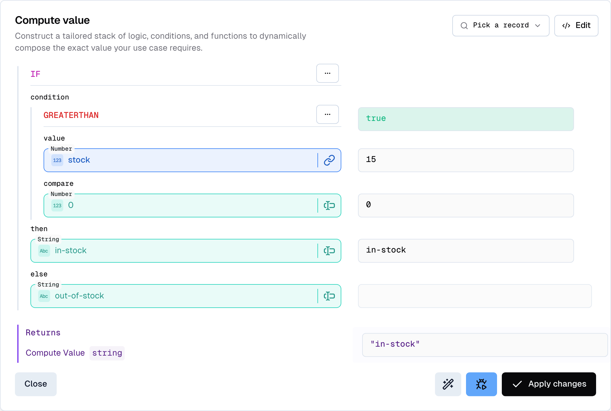 Field-level debugger for the availability slot showing the if and greaterThan chain returning the in-stock enum member