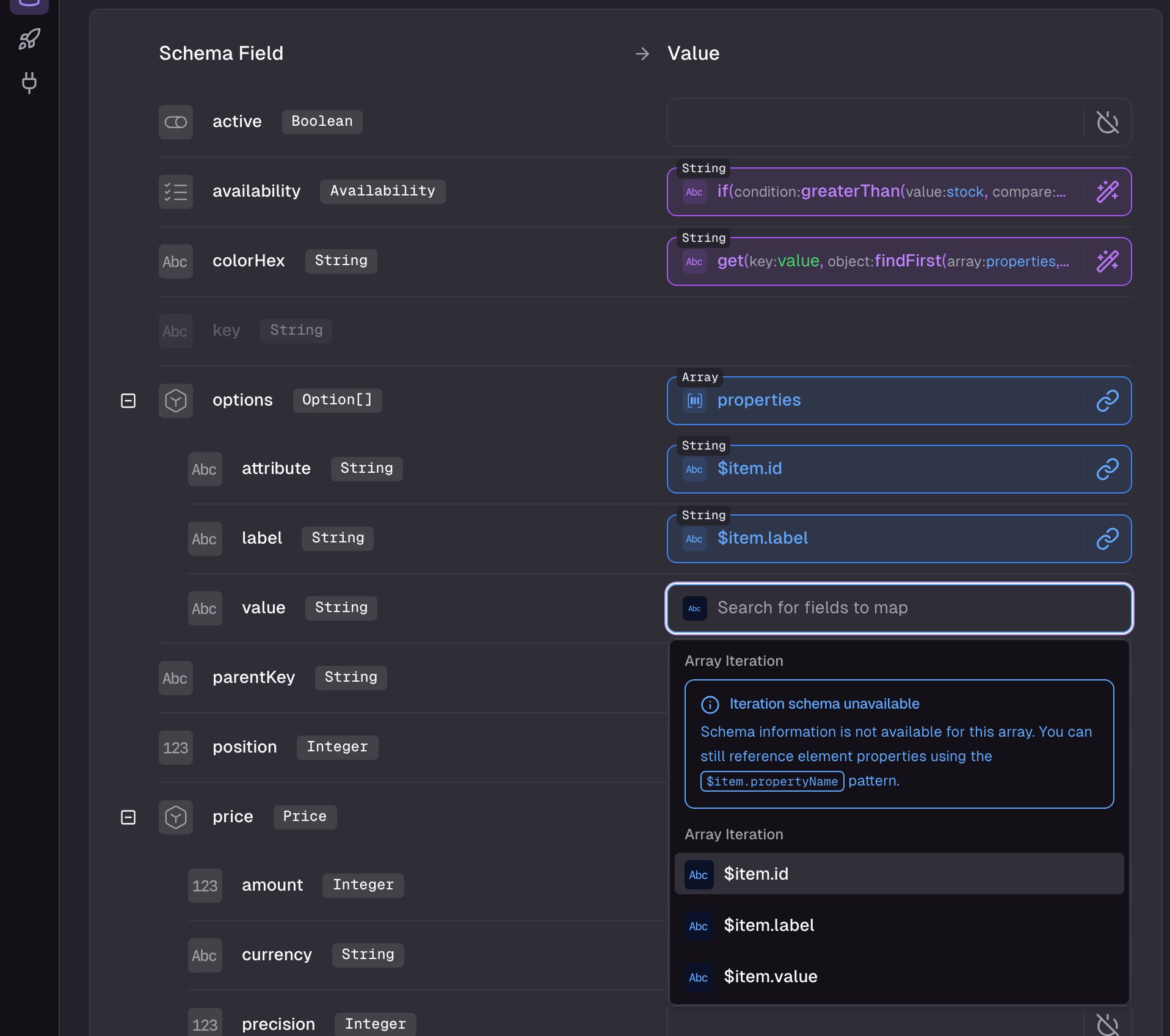 Data Sync mapping page with the options field expanded showing $item.id, $item.label, and $item.value bound to the attribute, label, and value sub-fields