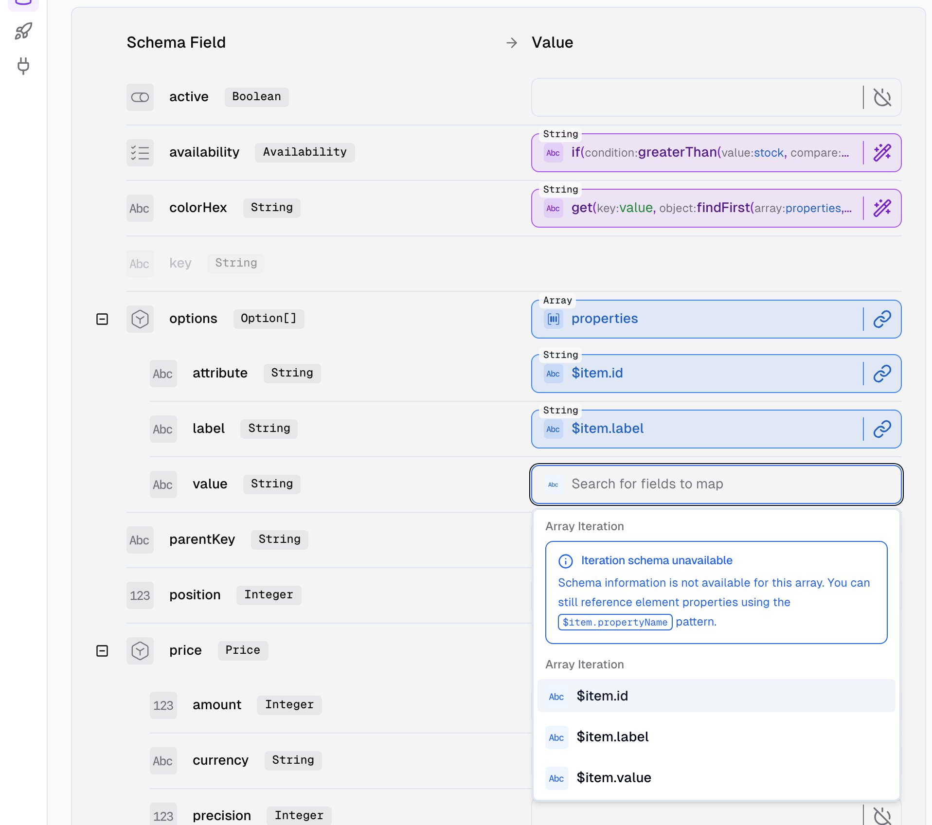 Data Sync mapping page with the options field expanded showing $item.id, $item.label, and $item.value bound to the attribute, label, and value sub-fields