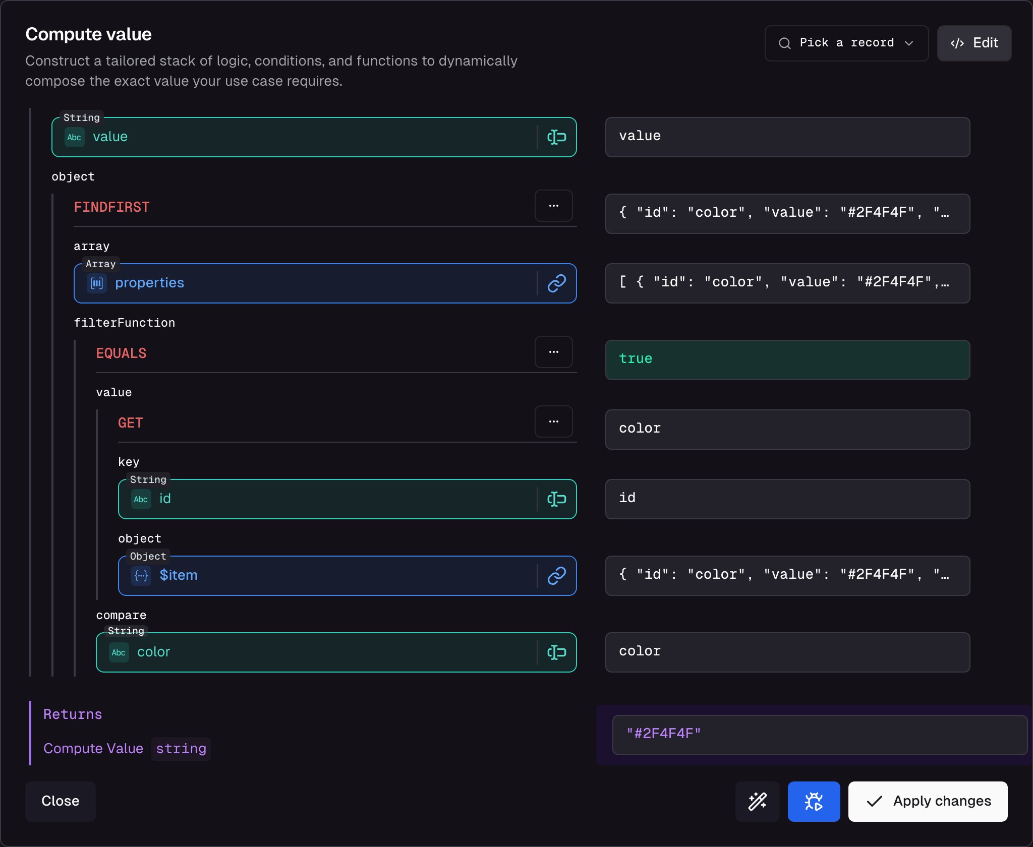 Field-level debugger for the colorHex slot showing the nested findFirst and get chain returning the color hex value