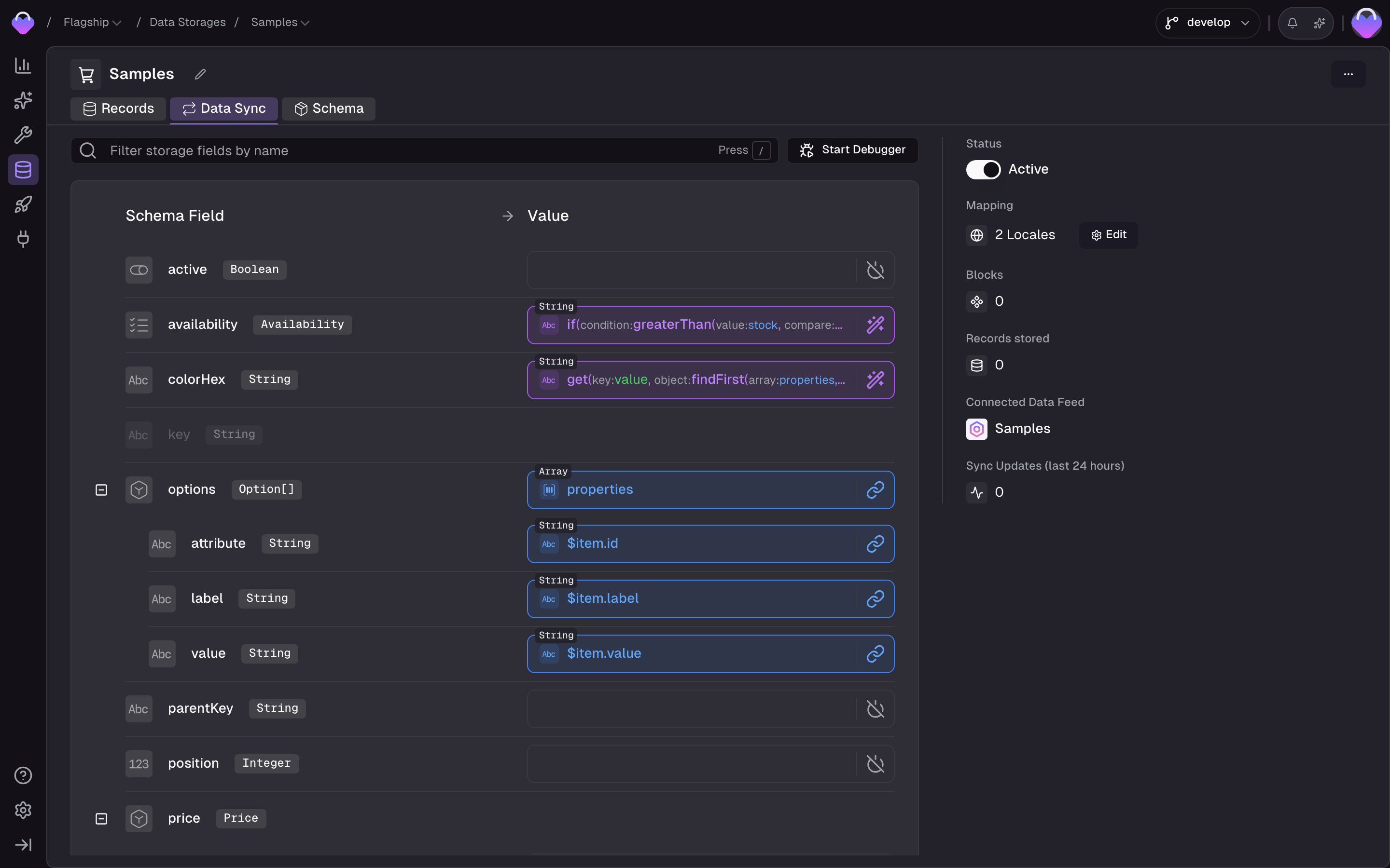 Samples Data Sync mapping page showing the configured title, availability, options, and colorHex slots