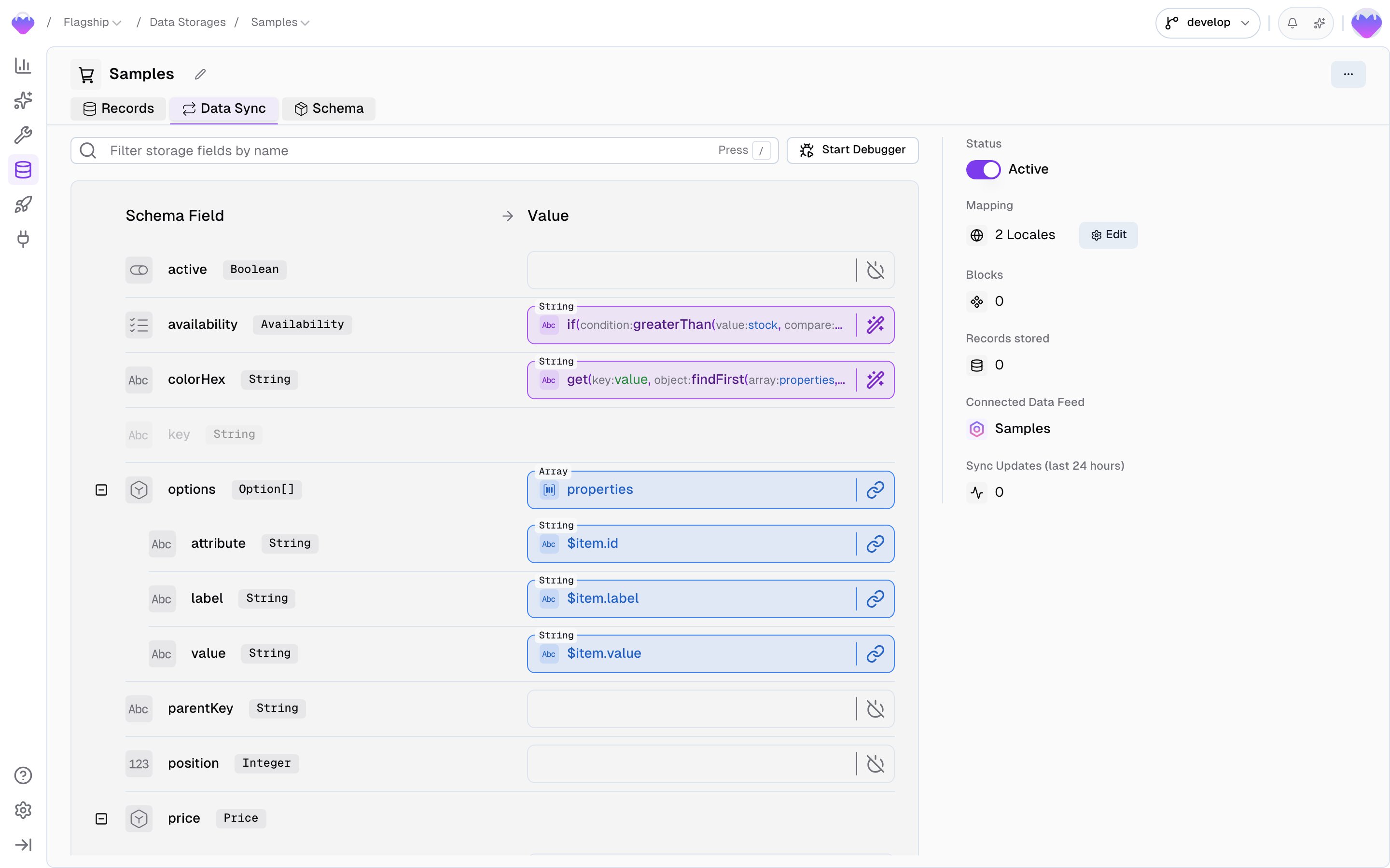 Samples Data Sync mapping page showing the configured title, availability, options, and colorHex slots