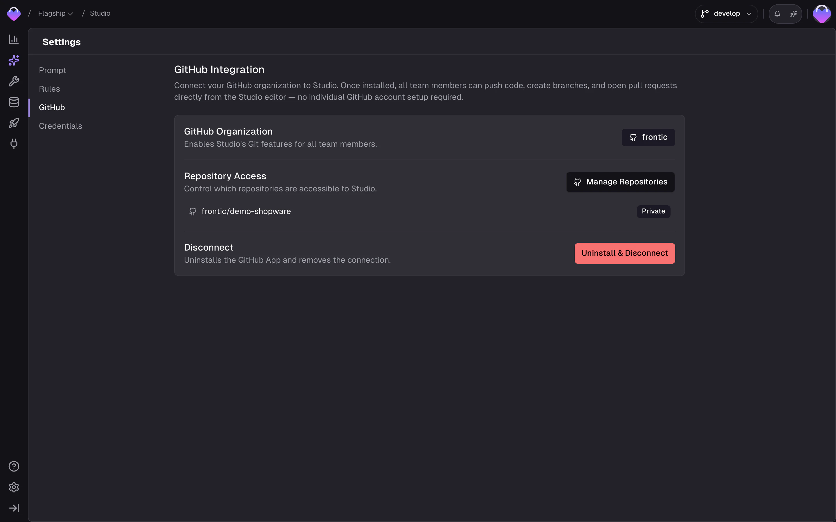 Studio Settings — GitHub tab showing the connected GitHub Organization, the Repository Access list with Manage Repositories, and the Uninstall & Disconnect action