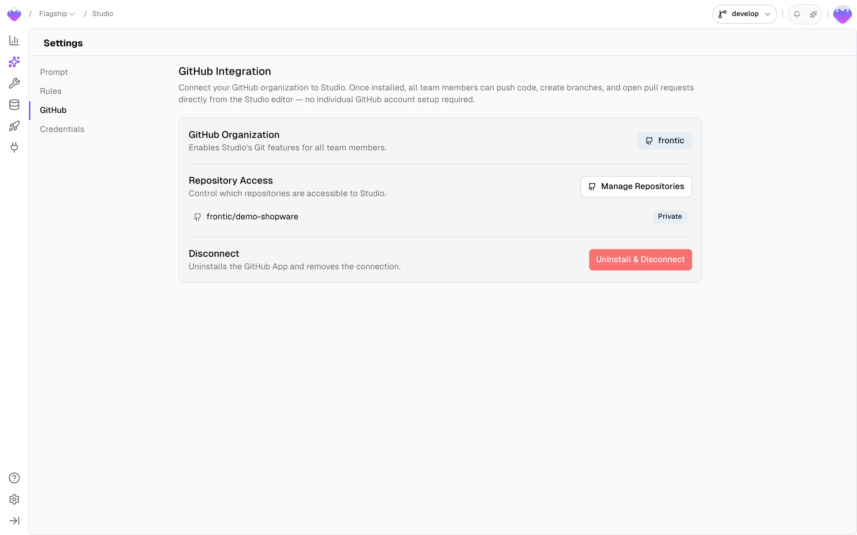 Studio Settings — GitHub tab showing the connected GitHub Organization, the Repository Access list with Manage Repositories, and the Uninstall & Disconnect action