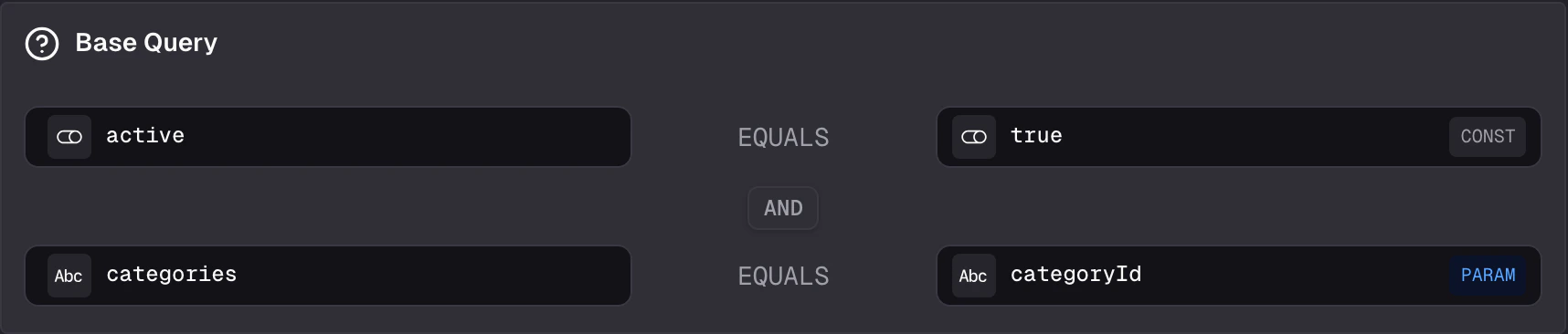 Base Query card showing two conditions: active EQUALS true (constant) AND categories EQUALS categoryId (parameter)