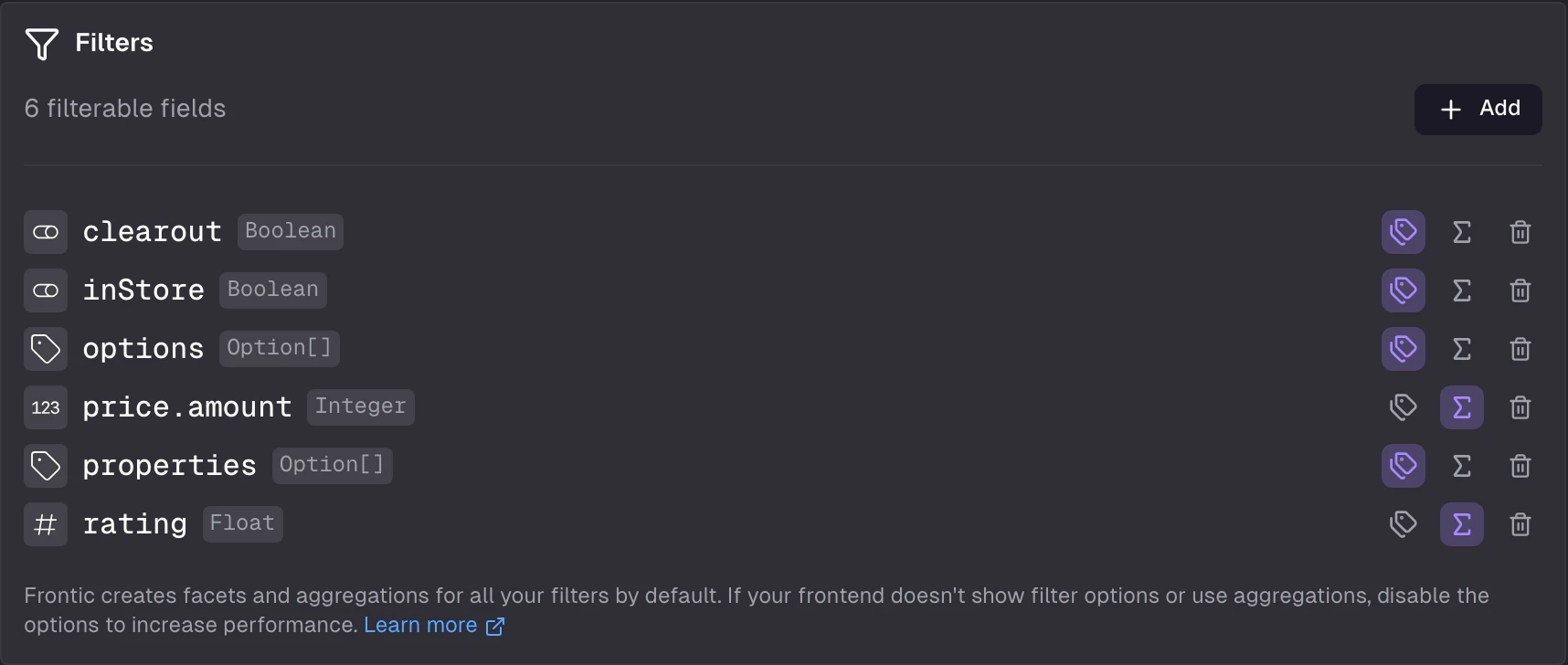 Filters card listing six filterable fields with type badges and per-field facet and aggregation toggles
