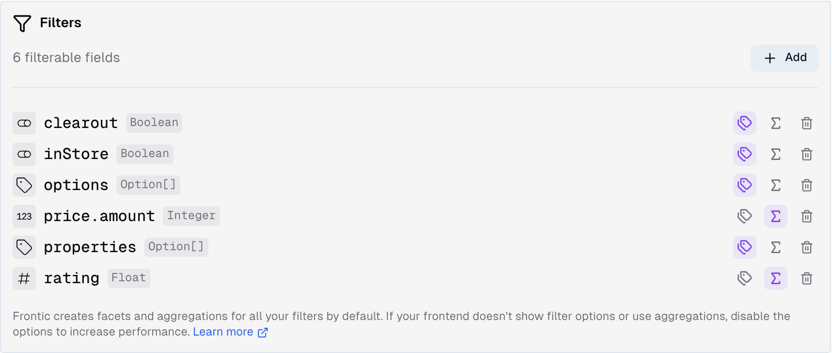 Filters card listing six filterable fields with type badges and per-field facet and aggregation toggles