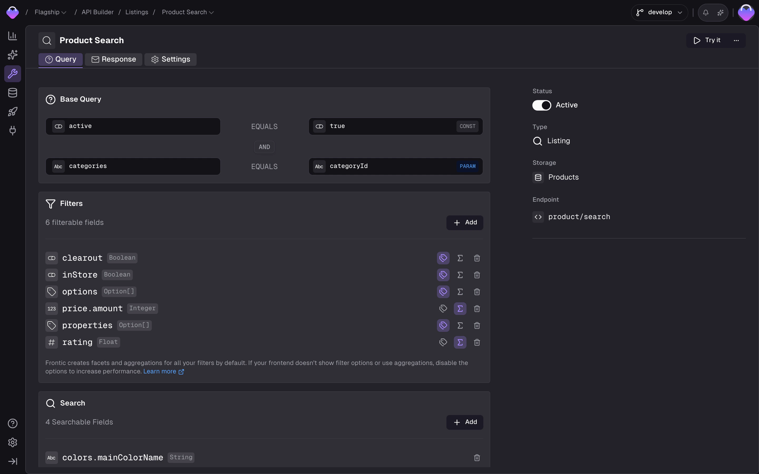 Listing Query tab showing base query, filter options, searchable fields, sorting, and pagination configuration