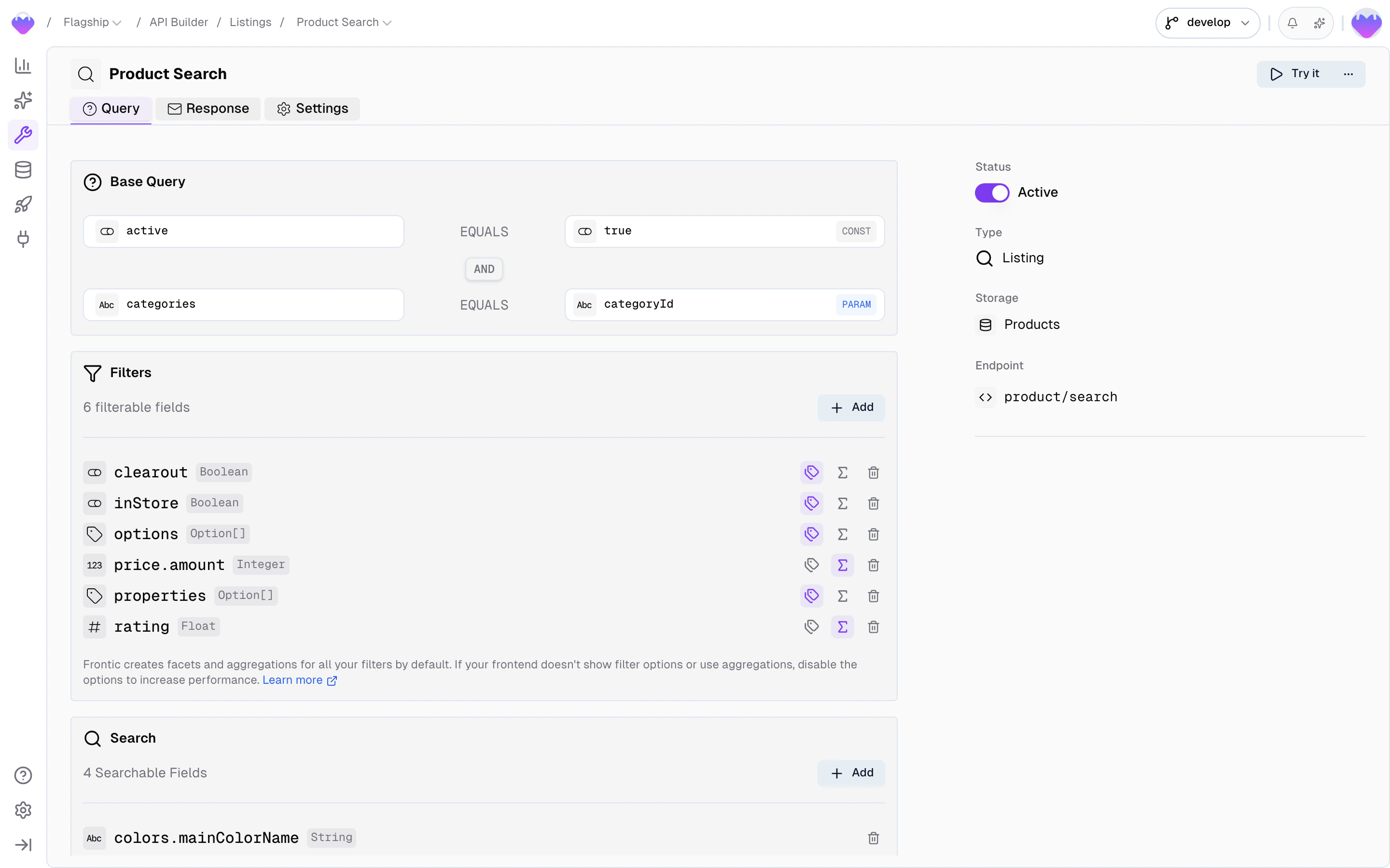 Listing Query tab showing base query, filter options, searchable fields, sorting, and pagination configuration