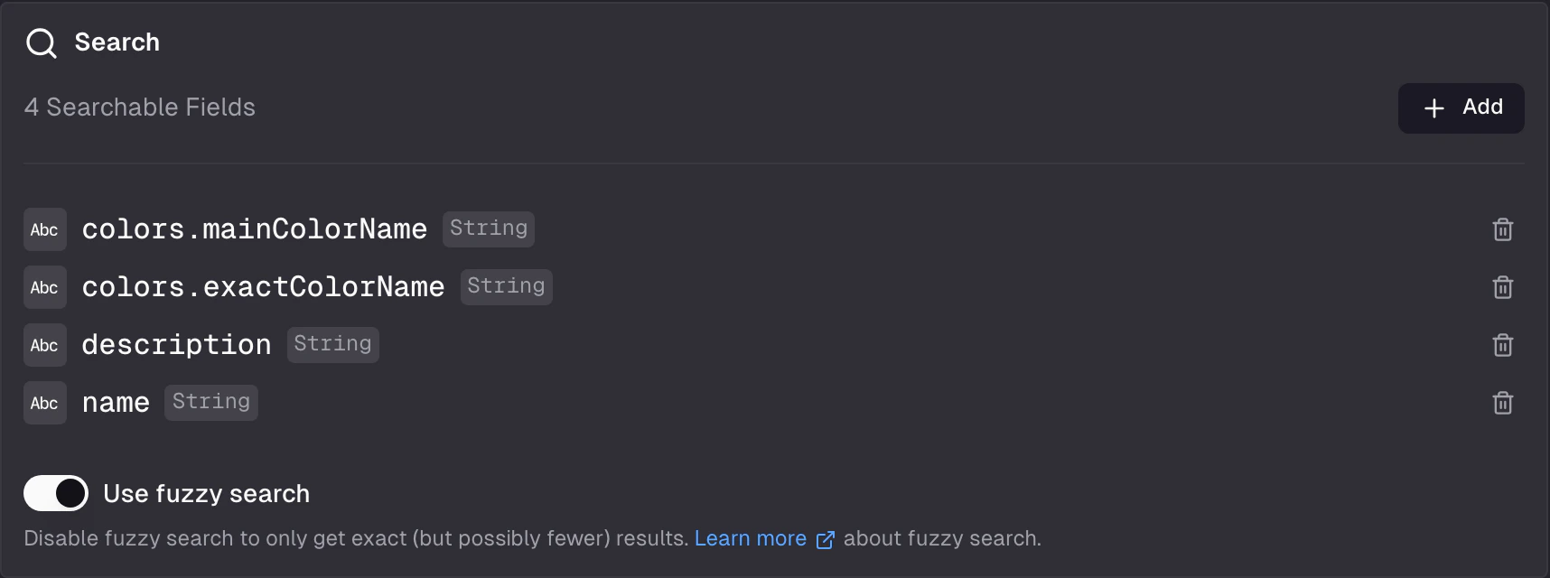 Search card showing the list of searchable fields with their types