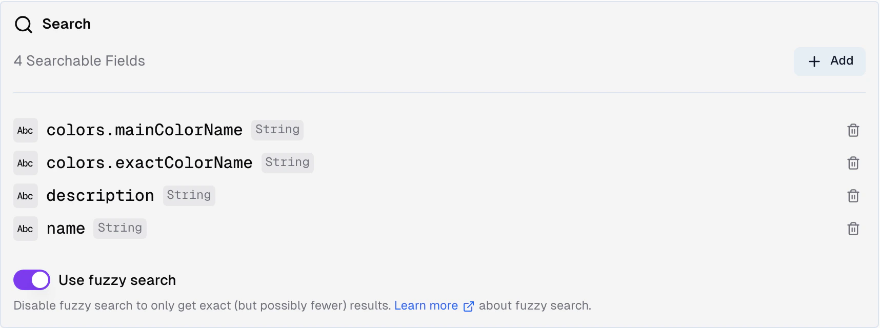 Search card showing the list of searchable fields with their types