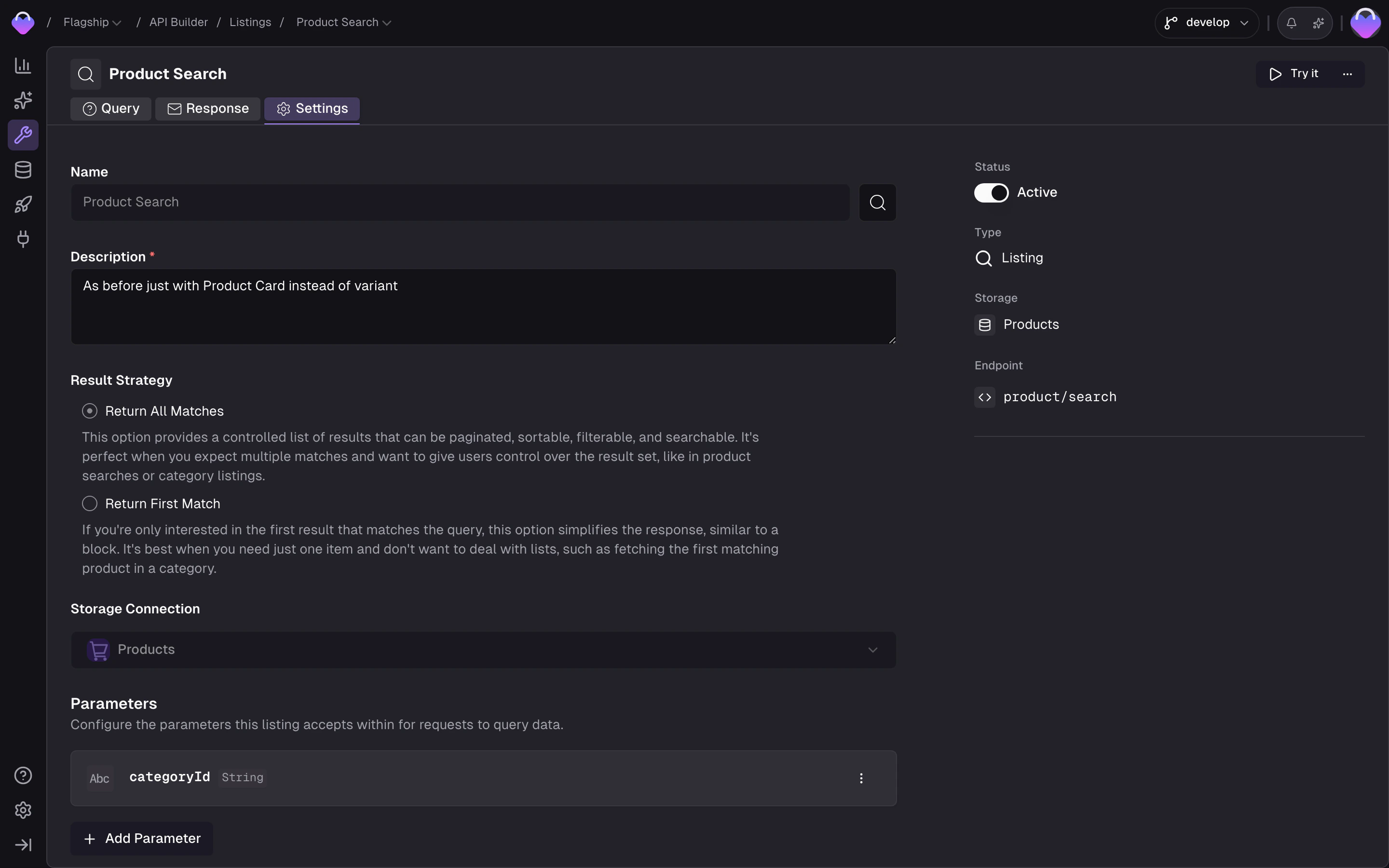 Listing Settings tab showing Input Parameters, Result Strategy, and Storage sections