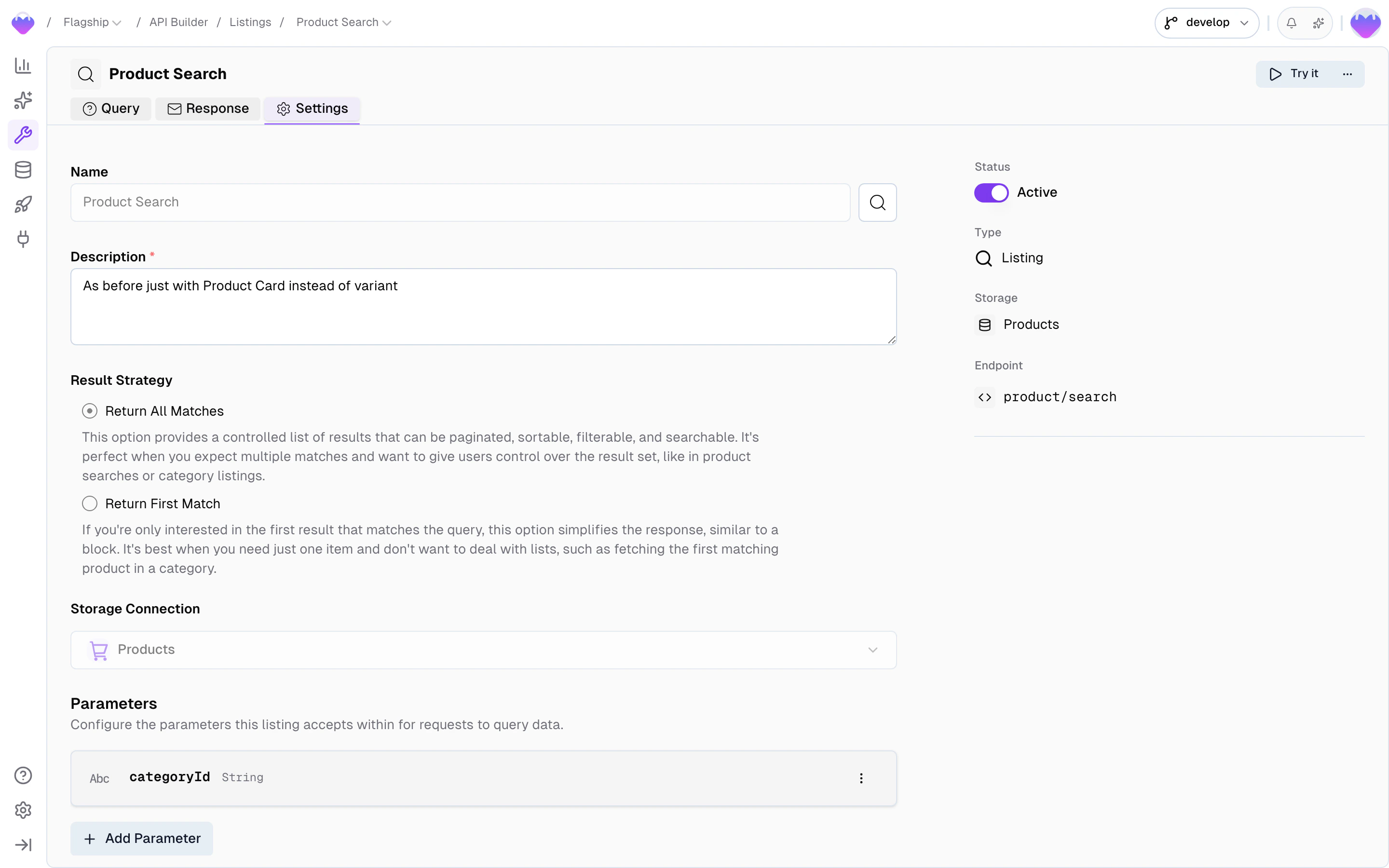 Listing Settings tab showing Input Parameters, Result Strategy, and Storage sections
