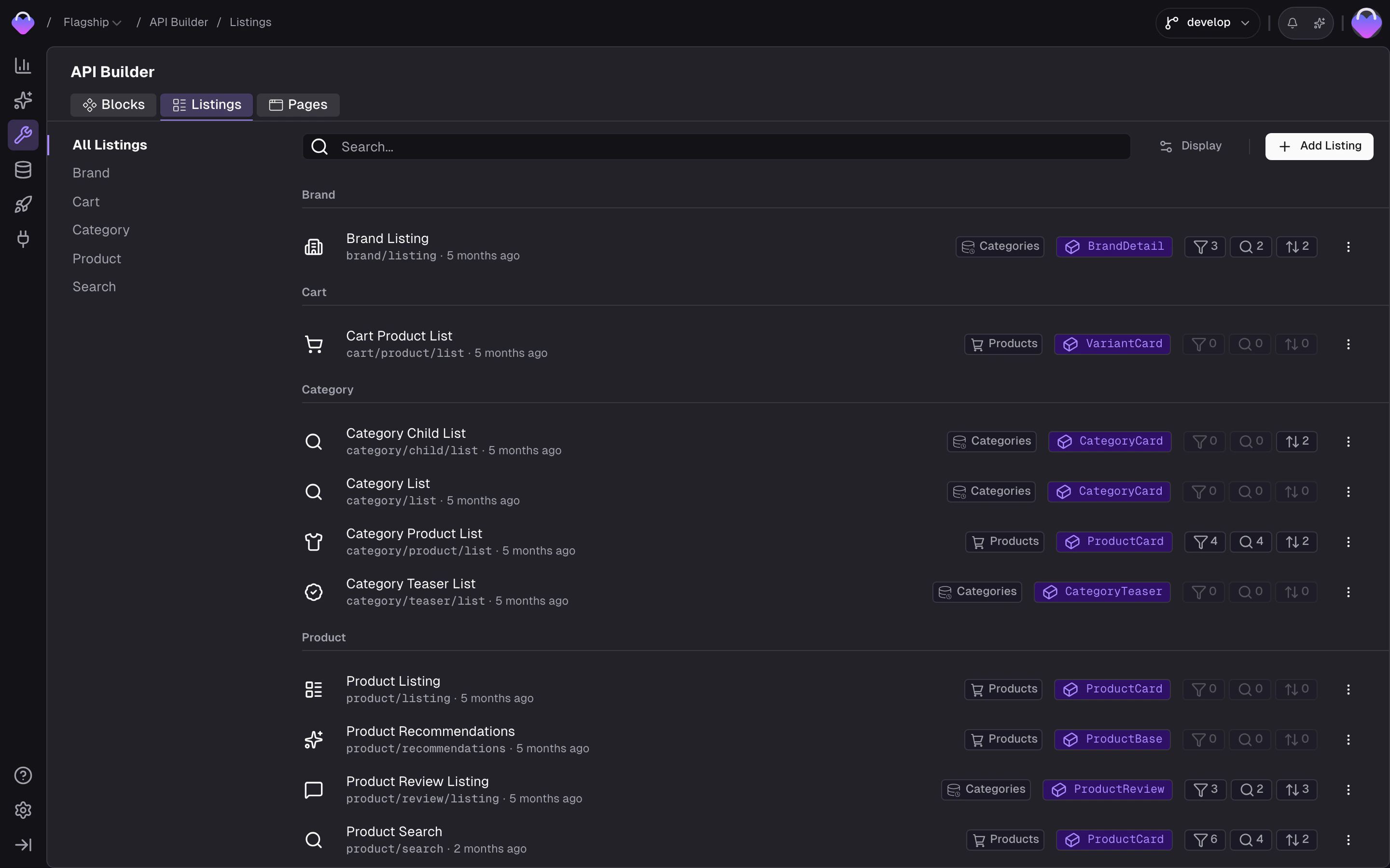 API Builder showing a list of Search Listings with their names, connected blocks, and parameters