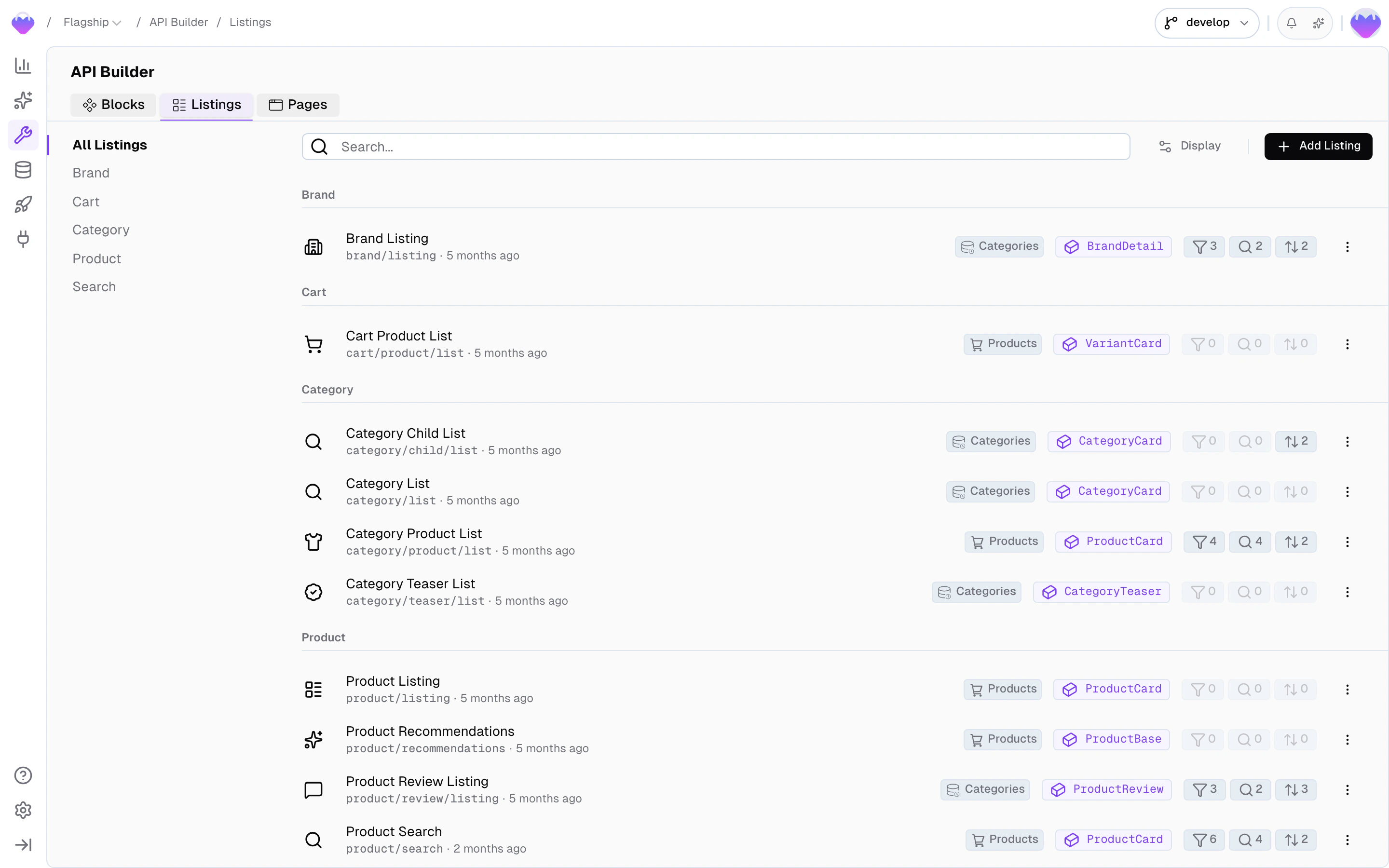 API Builder showing a list of Search Listings with their names, connected blocks, and parameters