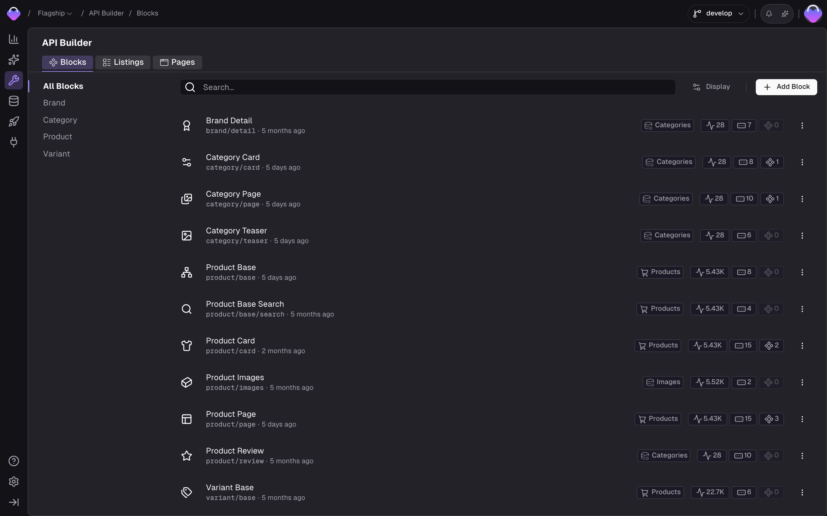 API Builder overview showing a list of Detail Blocks and Search Listings