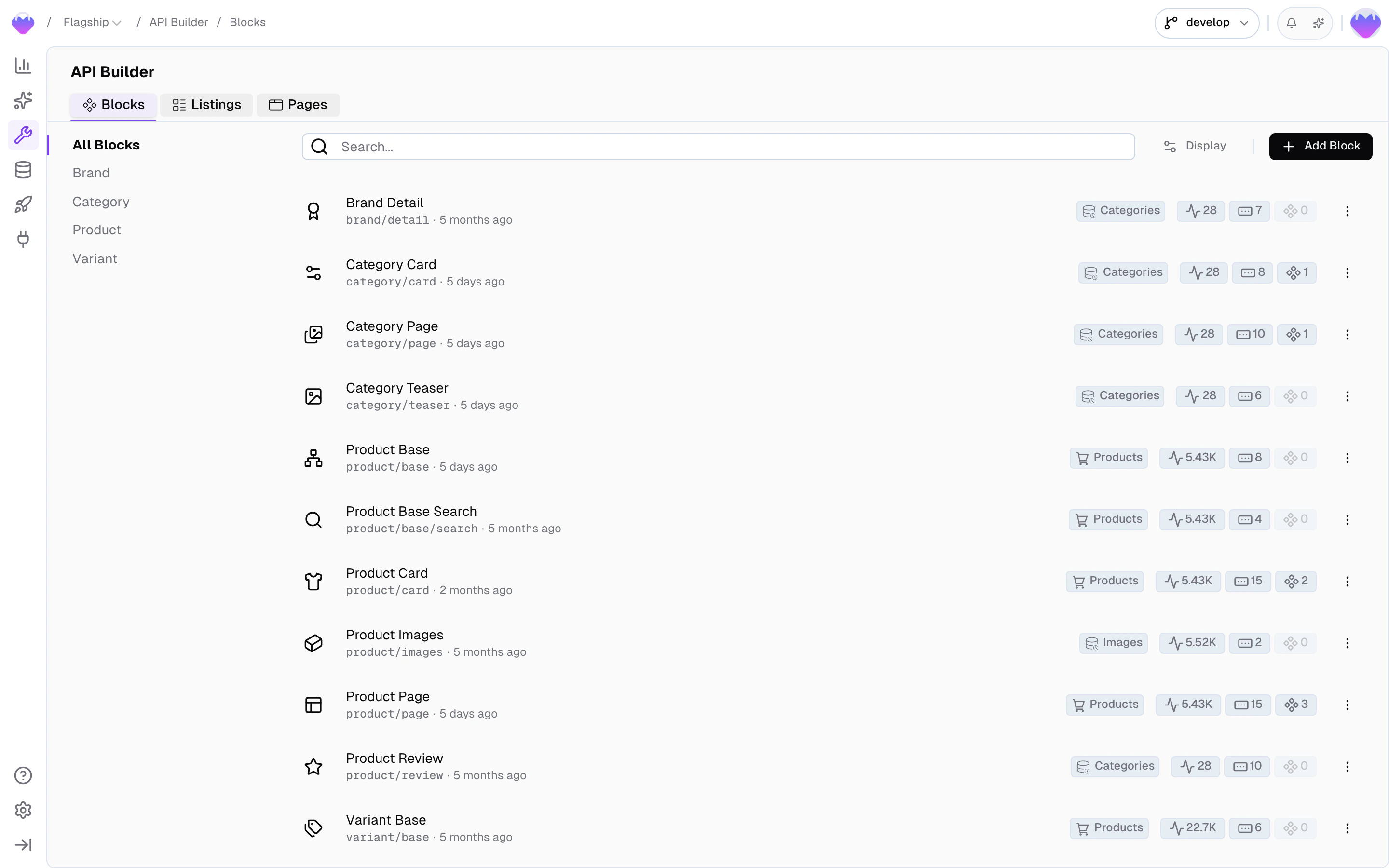 API Builder overview showing a list of Detail Blocks and Search Listings