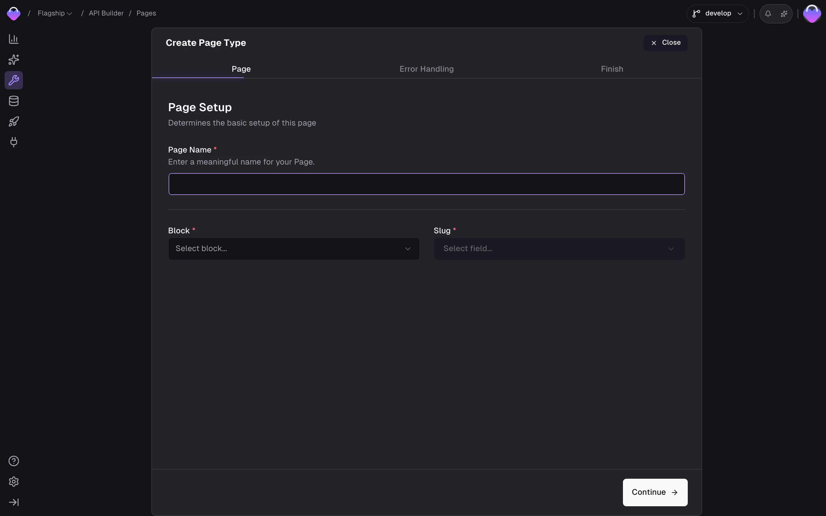 Create page form with fields for page name, block selection, and slug field configuration