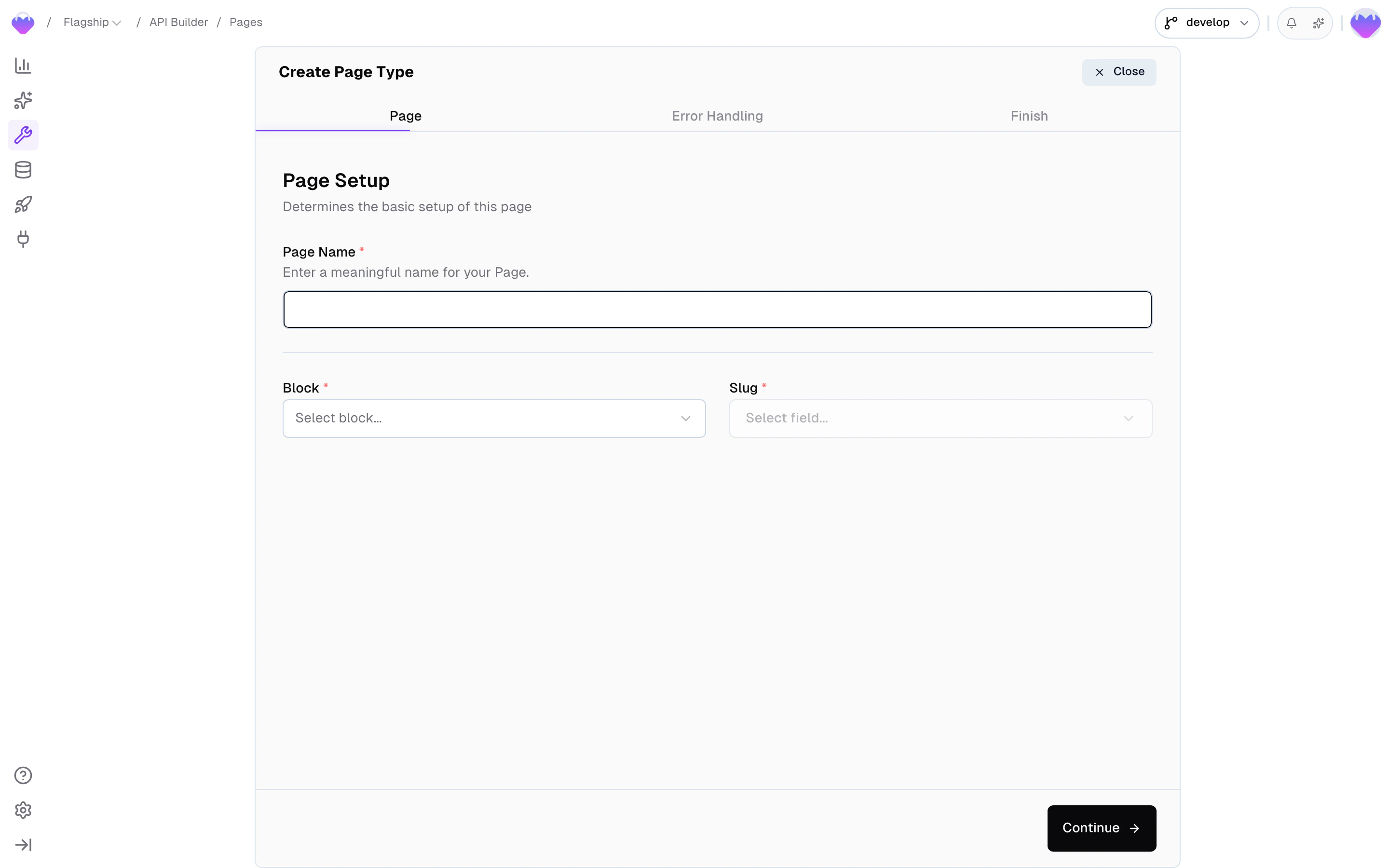 Create page form with fields for page name, block selection, and slug field configuration