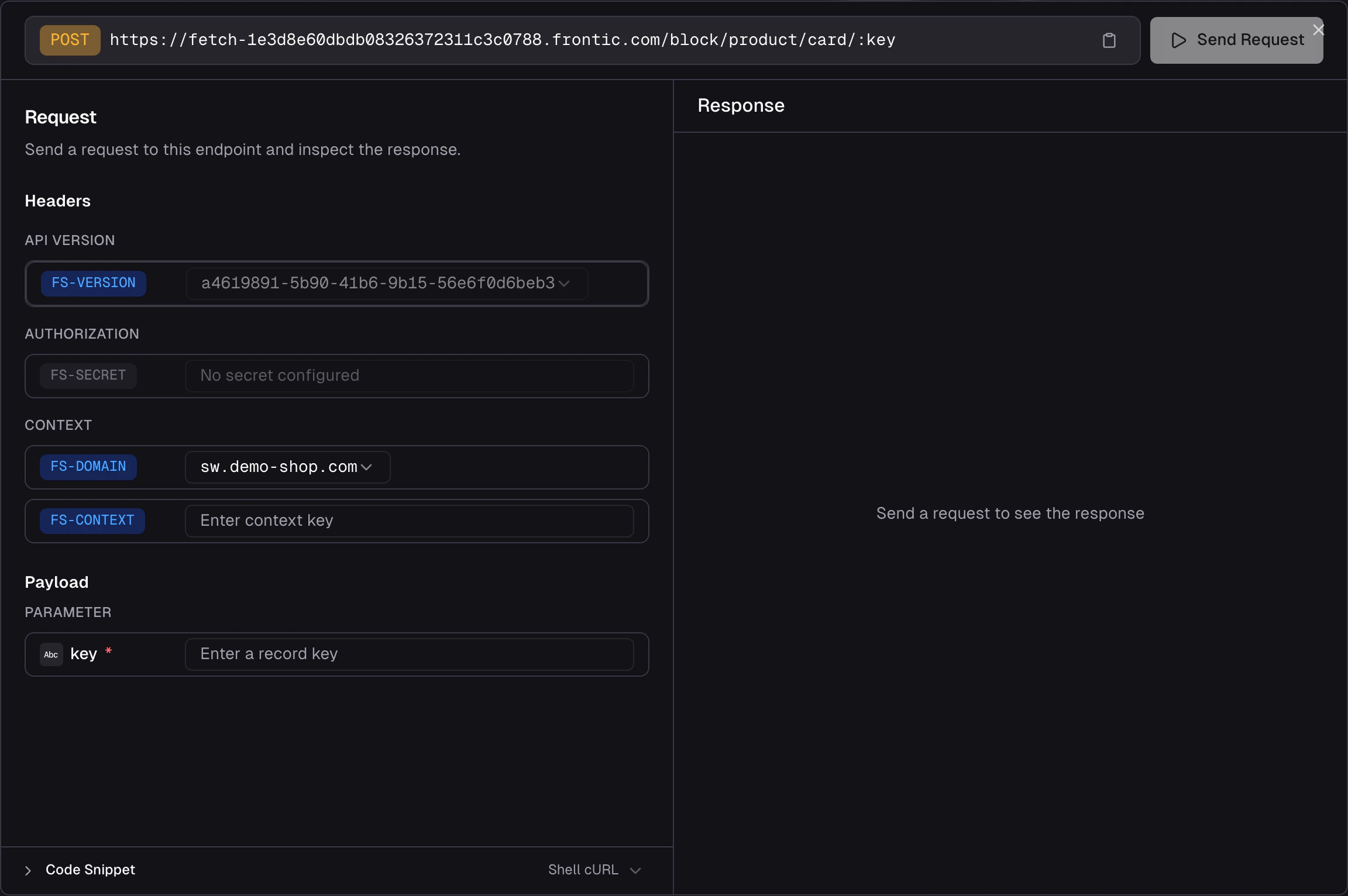 API Playground dialog for a Detail Block showing key input on the left, domain and context header configuration, and JSON response with status and timing badges on the right