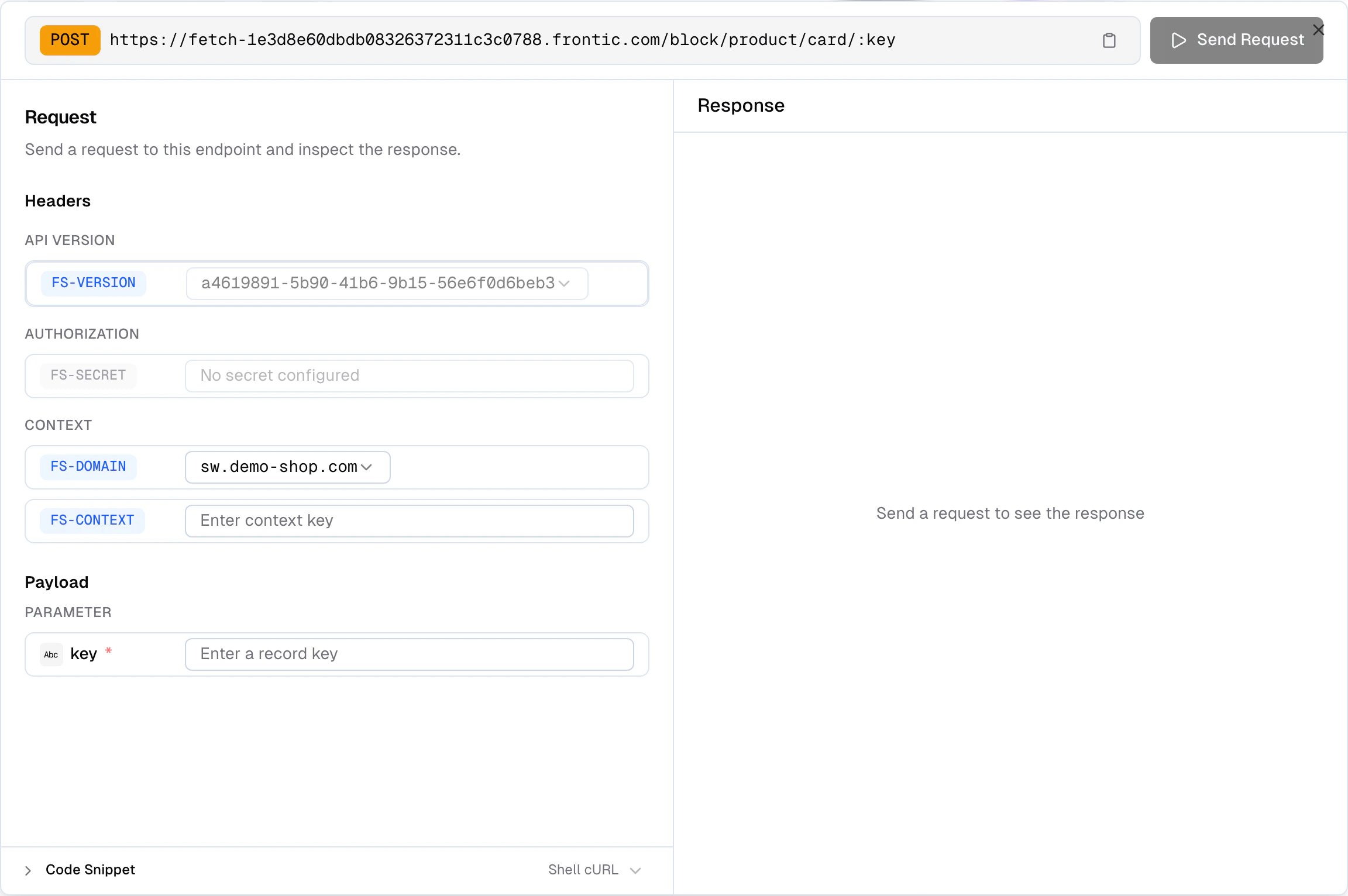 API Playground dialog for a Detail Block showing key input on the left, domain and context header configuration, and JSON response with status and timing badges on the right
