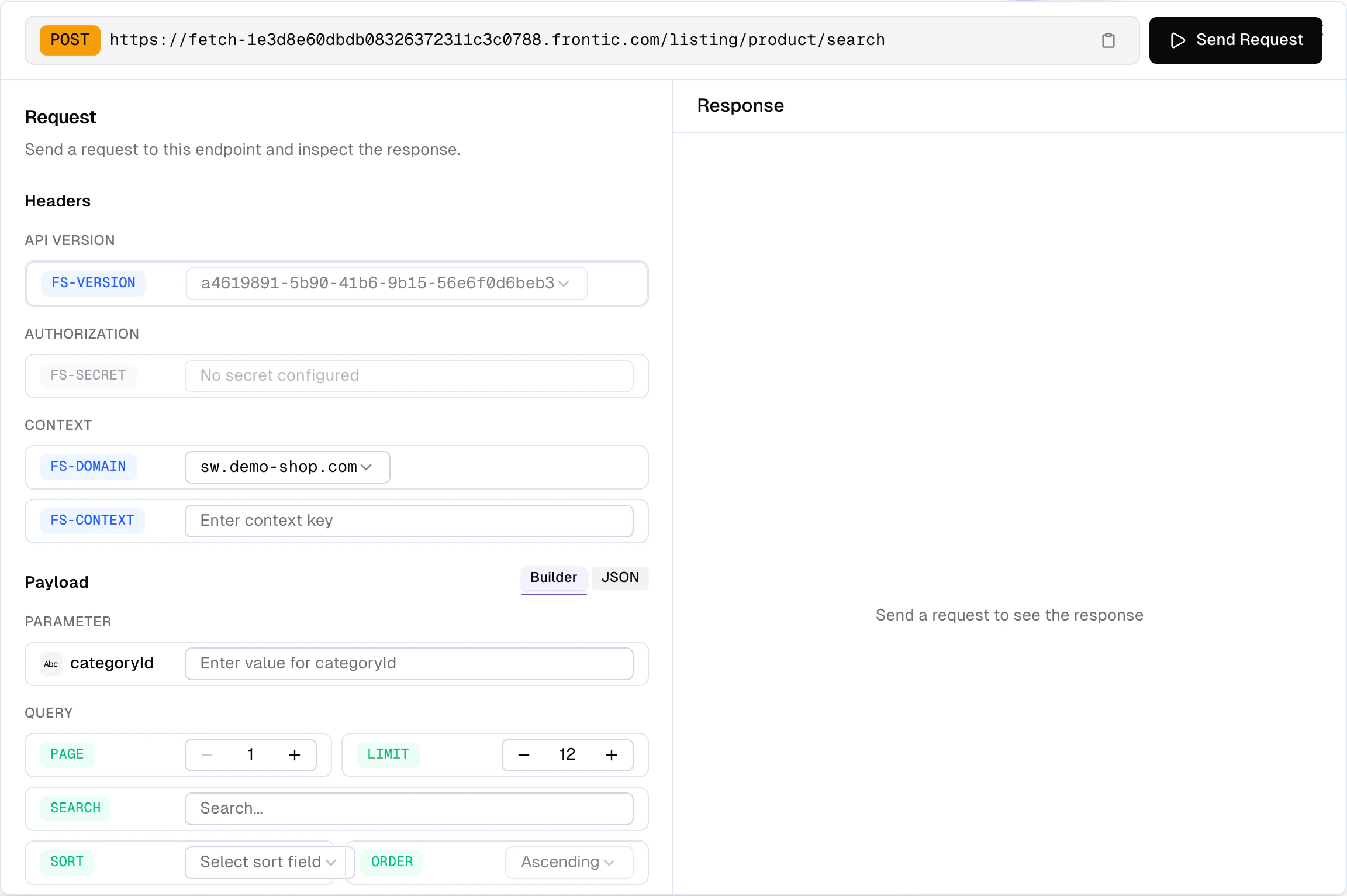 API Playground dialog showing request configuration on the left with parameters, filters, and sorting, and JSON response on the right with status and timing badges