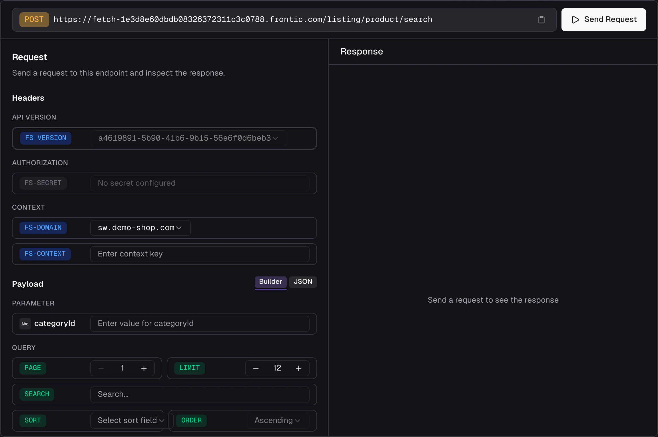API Playground dialog for a Search Listing showing parameter inputs, visual filter builder with AND/OR groups, sort and pagination controls on the left, and JSON response with status, timing, and size badges on the right