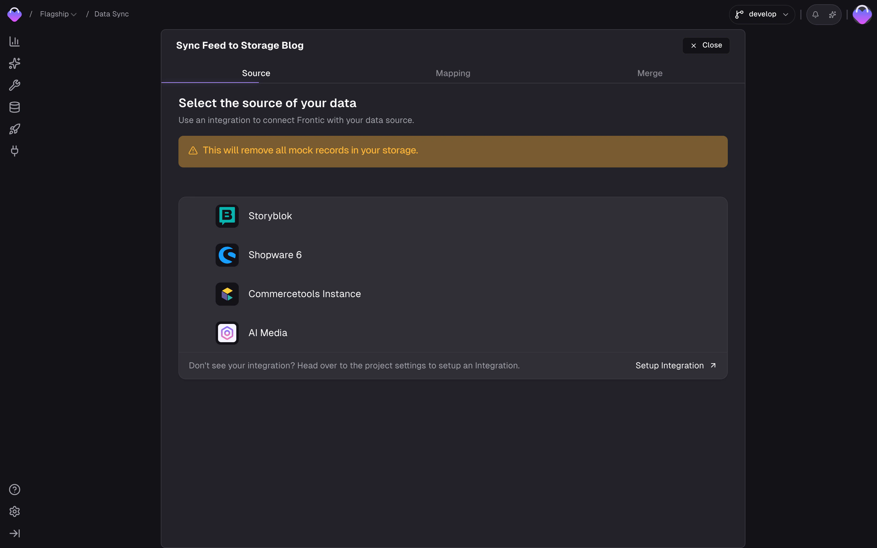 Storage detail view showing Connect button on the right side to link a data feed