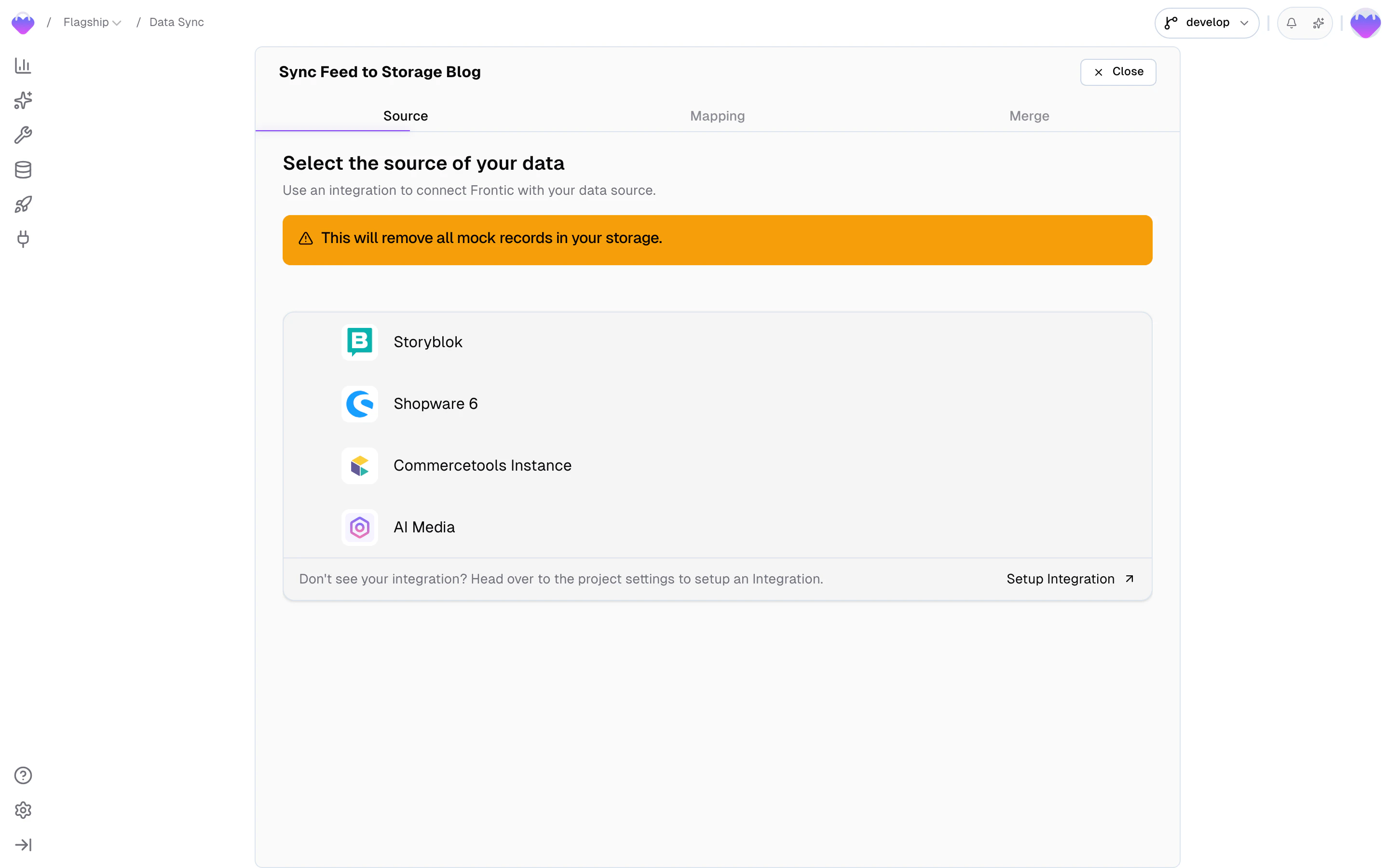 Storage detail view showing Connect button on the right side to link a data feed