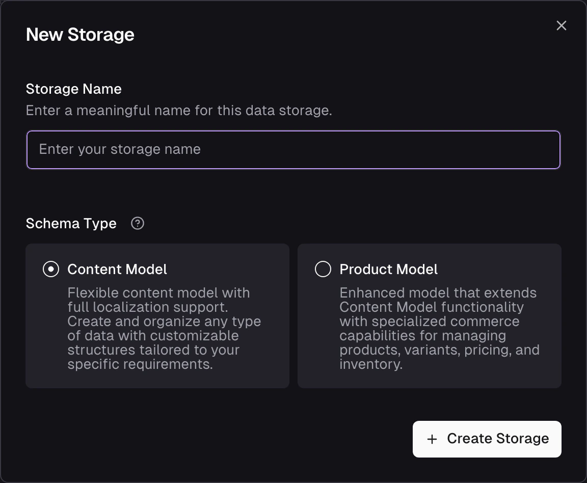 Create storage dialog showing name field and schema type selection between Products and Content