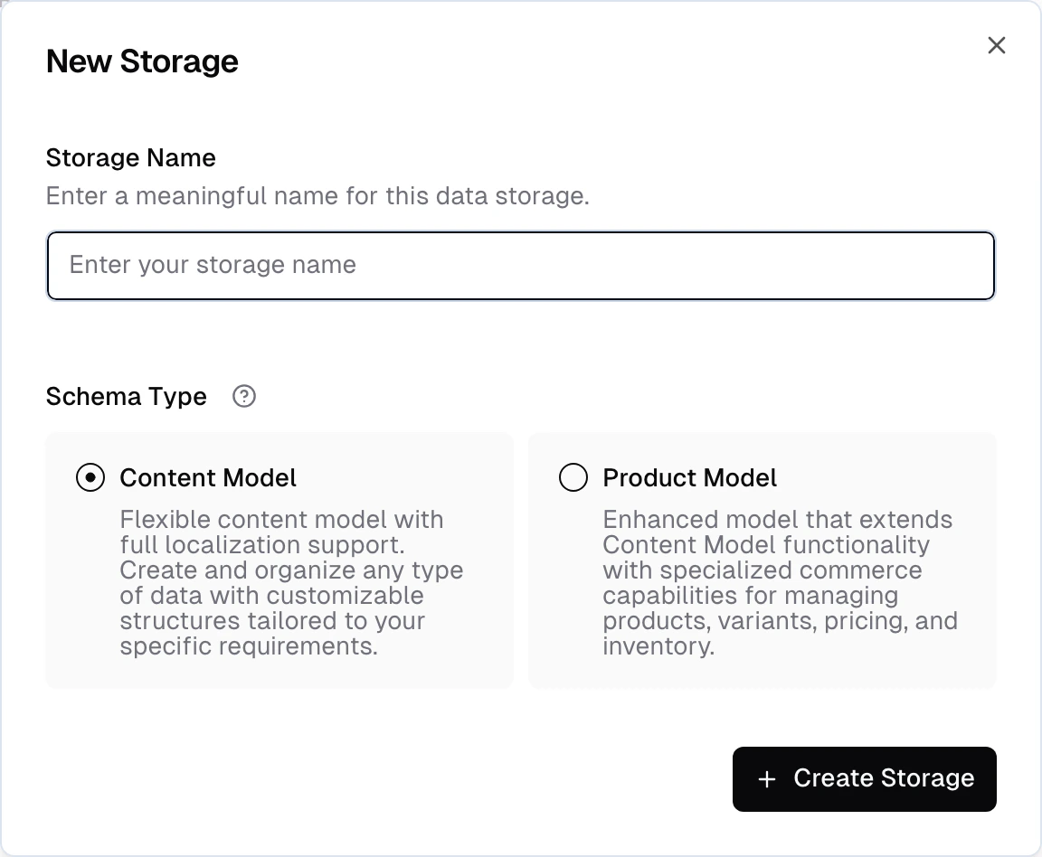 Create storage dialog showing name field and schema type selection between Products and Content