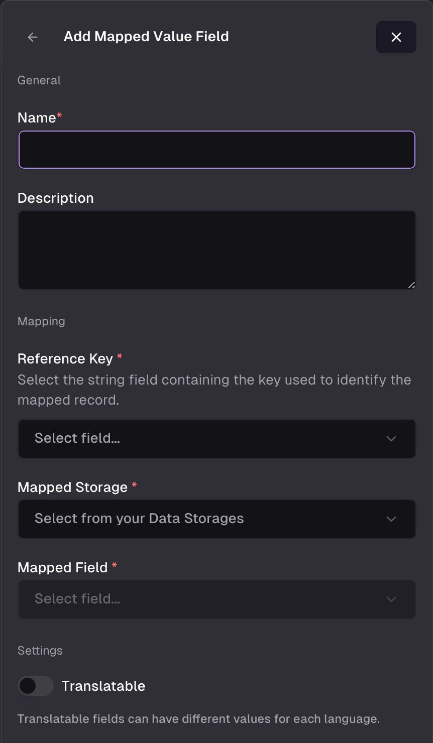 Field form configuring a Mapped Value with target storage, target field, source field, and paths