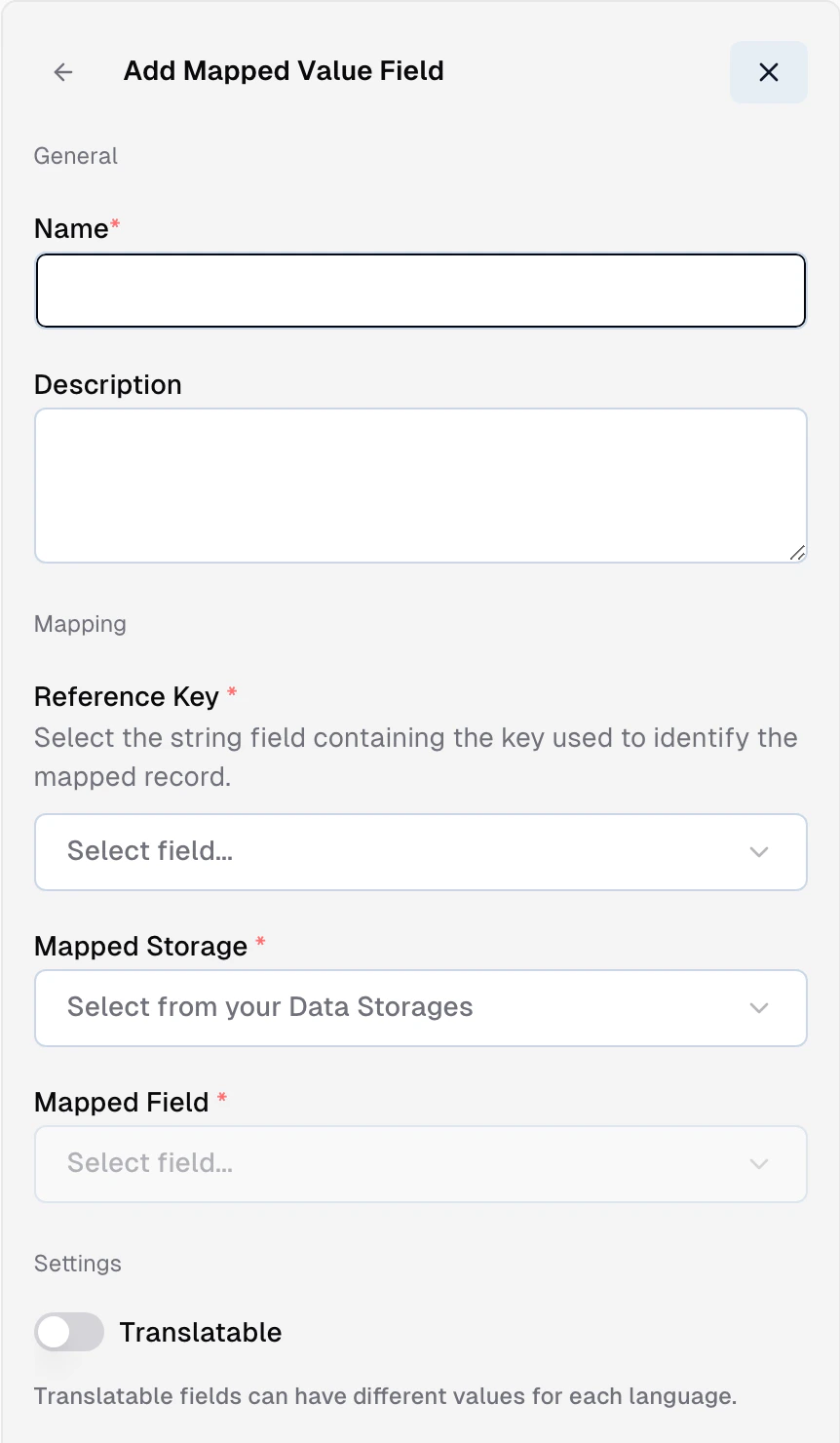 Field form configuring a Mapped Value with target storage, target field, source field, and paths