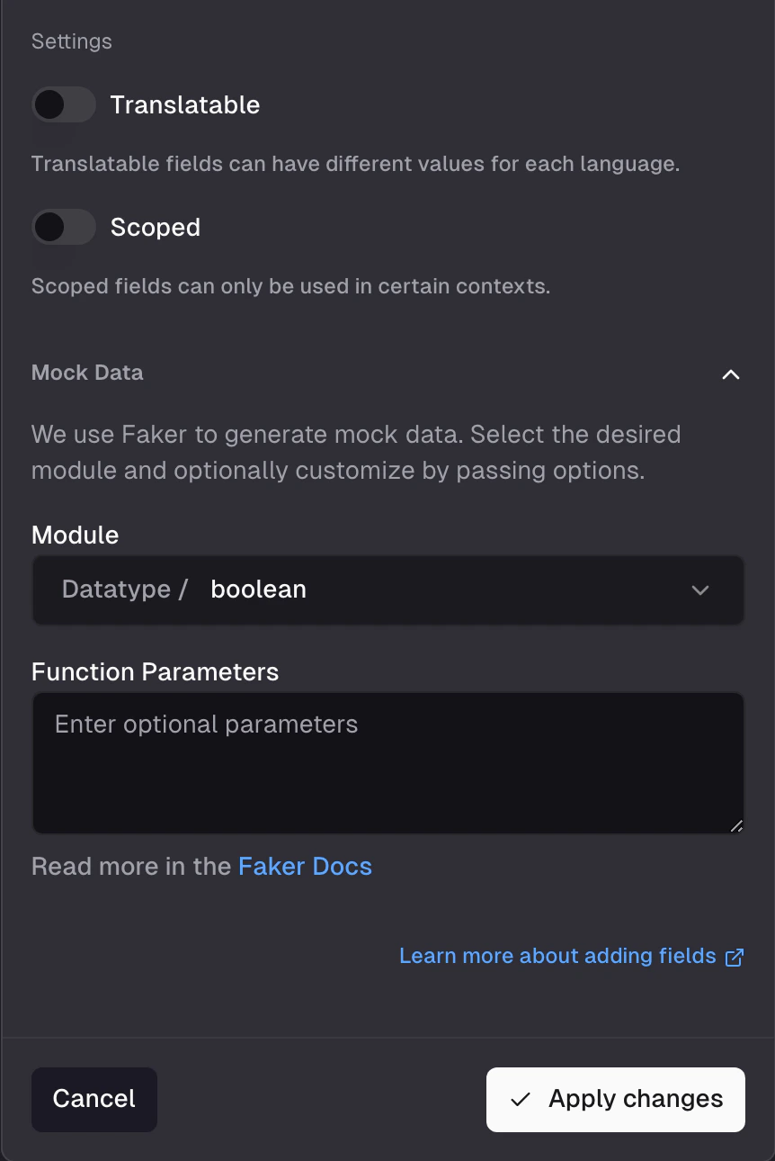 Field editor showing Mock section expanded with Faker module dropdown, module parameters, and min/max range for arrays