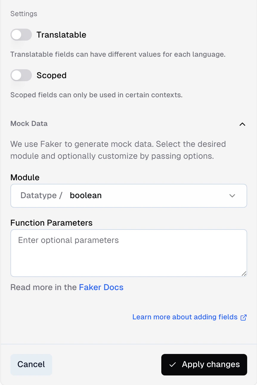 Field editor showing Mock section expanded with Faker module dropdown, module parameters, and min/max range for arrays