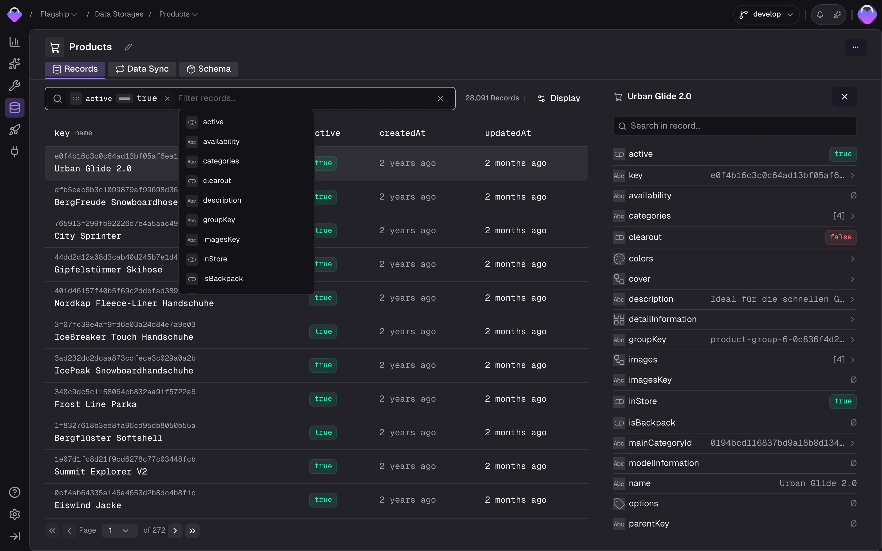 Storage record browser showing a list of records with key and timestamps, locale and scope switcher, and a detail panel with all field values