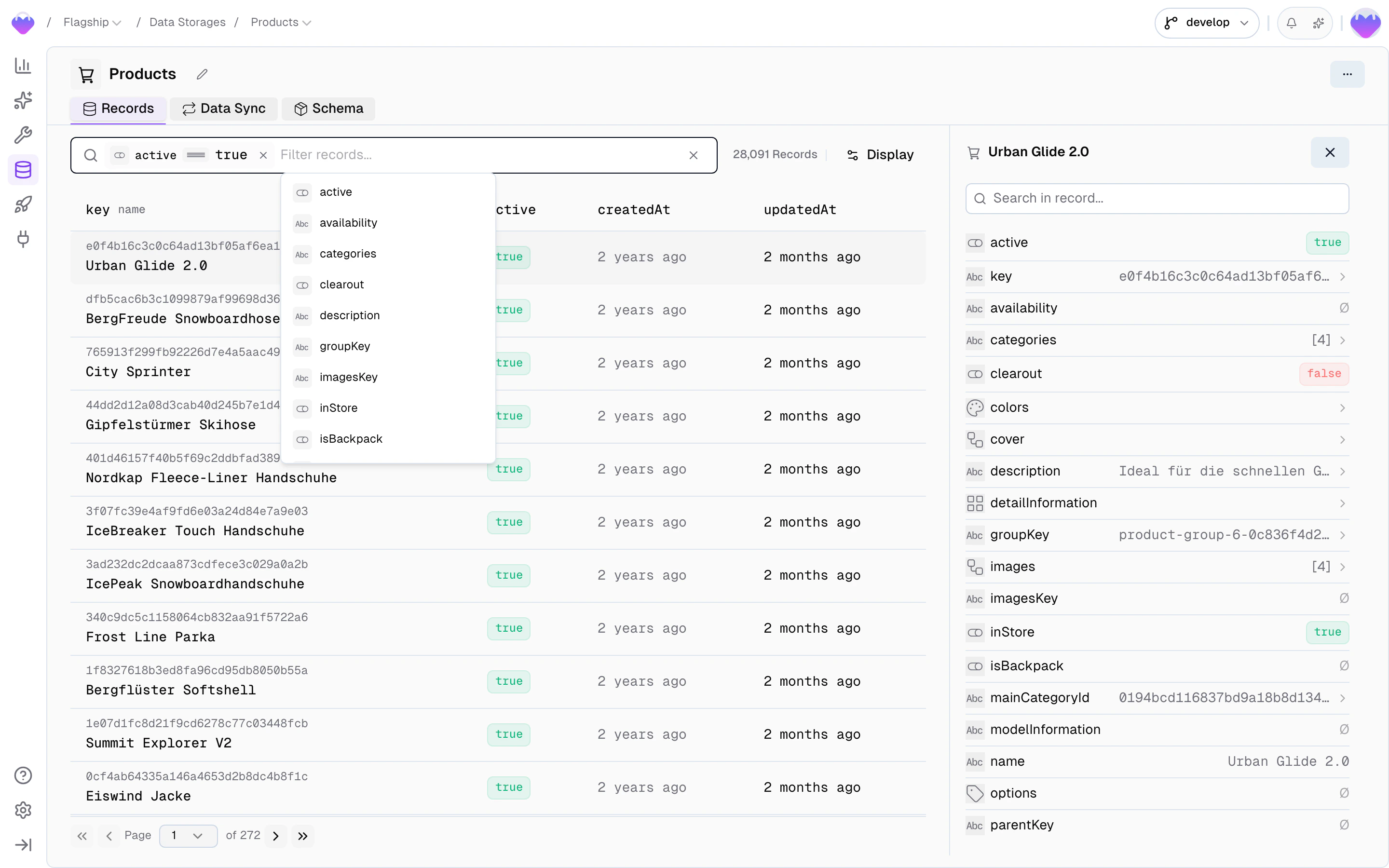 Storage record browser showing a list of records with key and timestamps, locale and scope switcher, and a detail panel with all field values