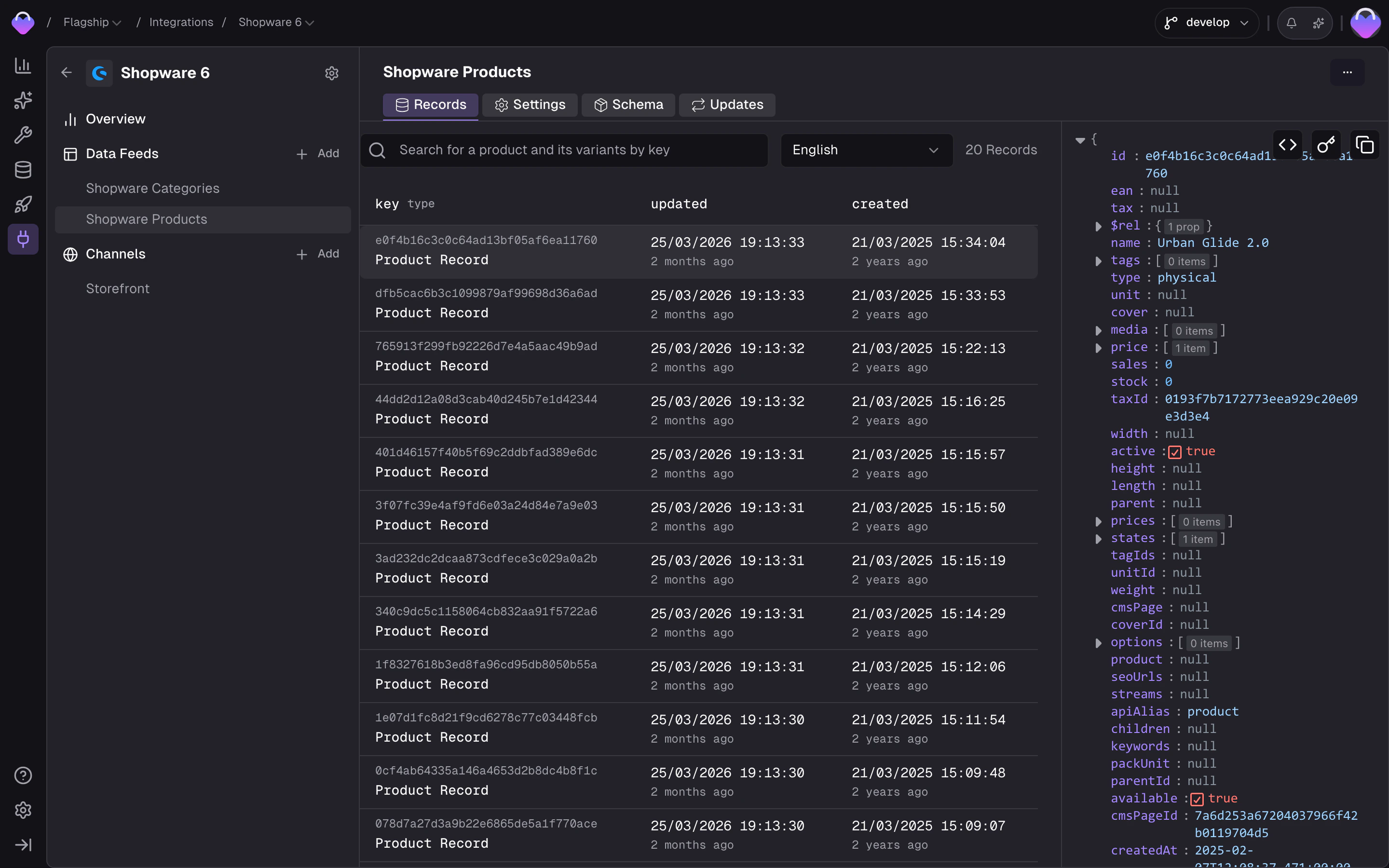 Feed Records browser showing a list of records with keys, timestamps, and a detail panel with the full record payload