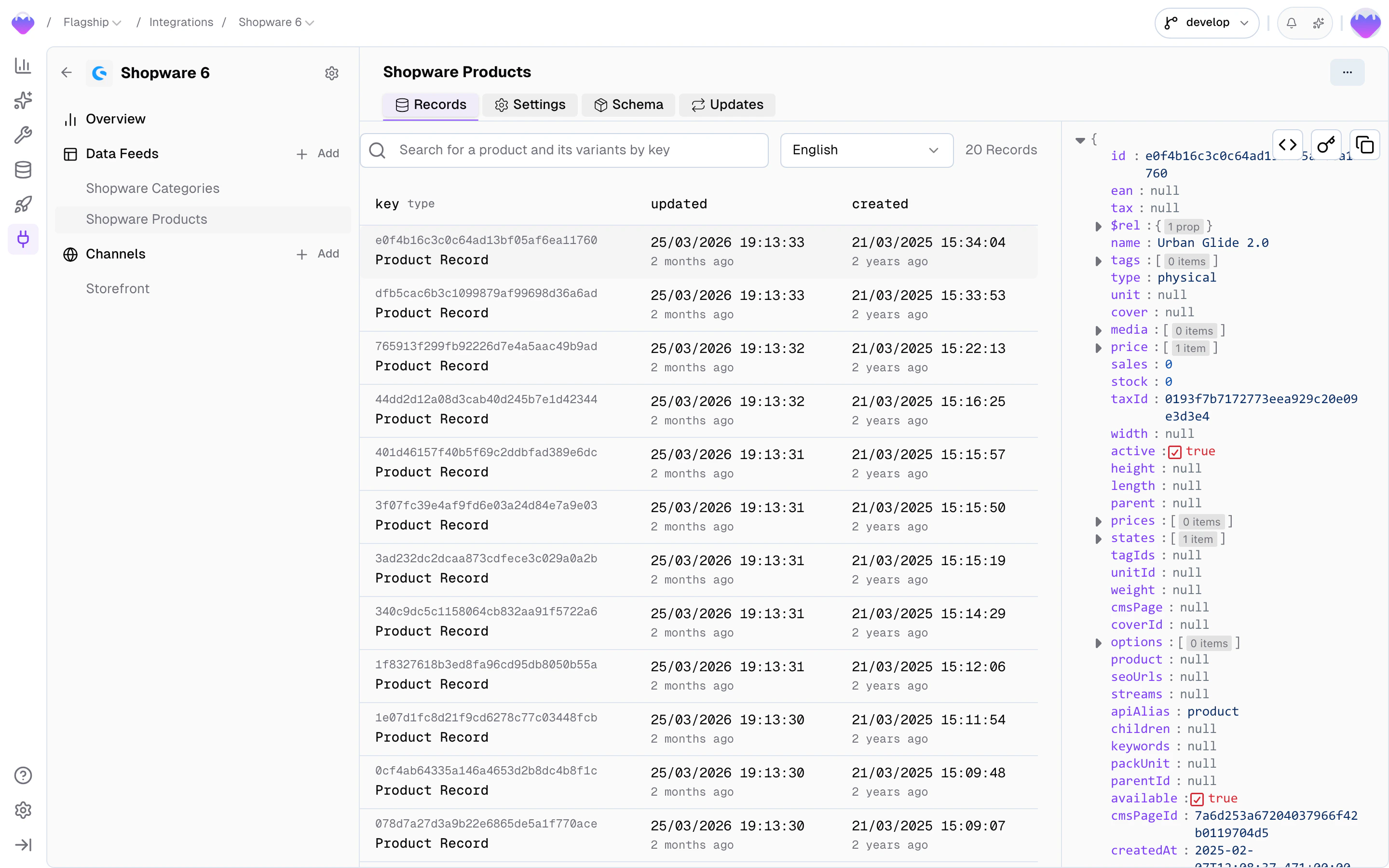 Feed Records browser showing a list of records with keys, timestamps, and a detail panel with the full record payload