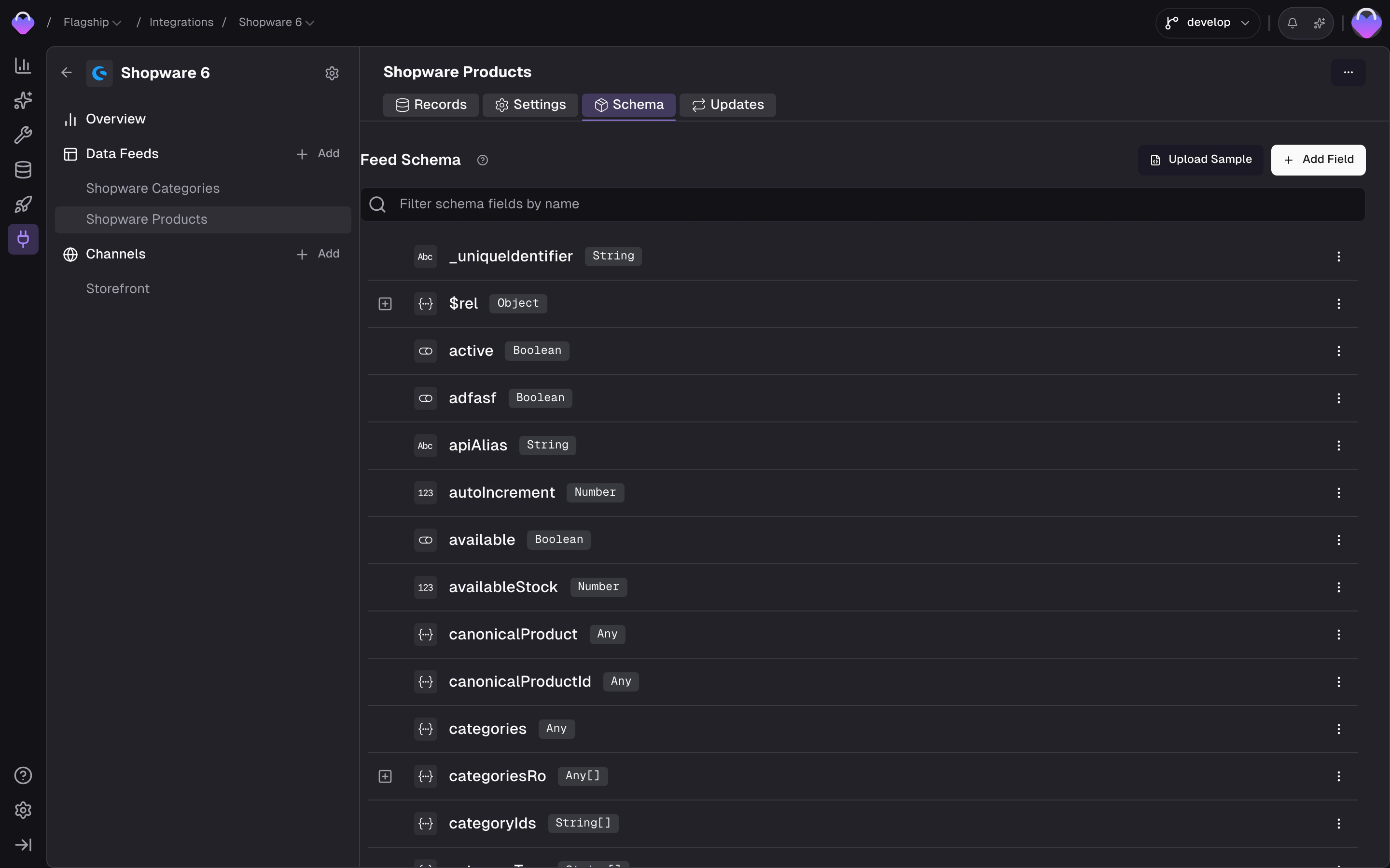 Feed Schema showing a list of fields with names, types, and Pending status badges