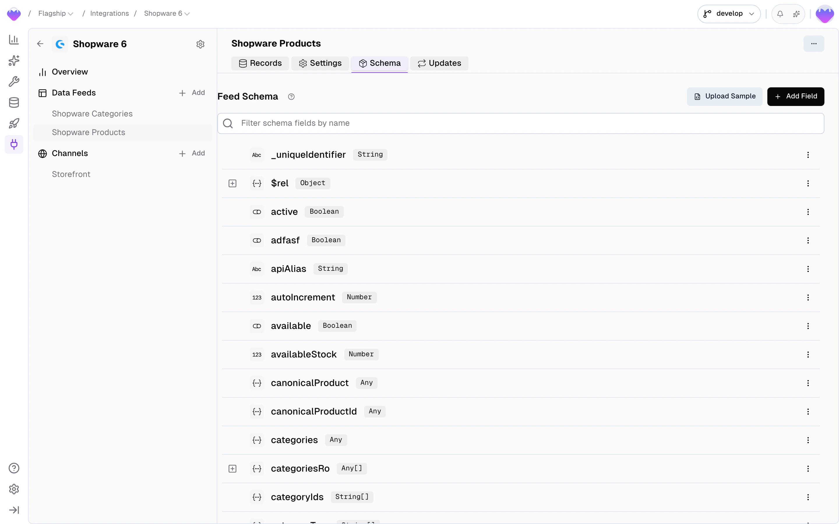 Feed Schema showing a list of fields with names, types, and Pending status badges
