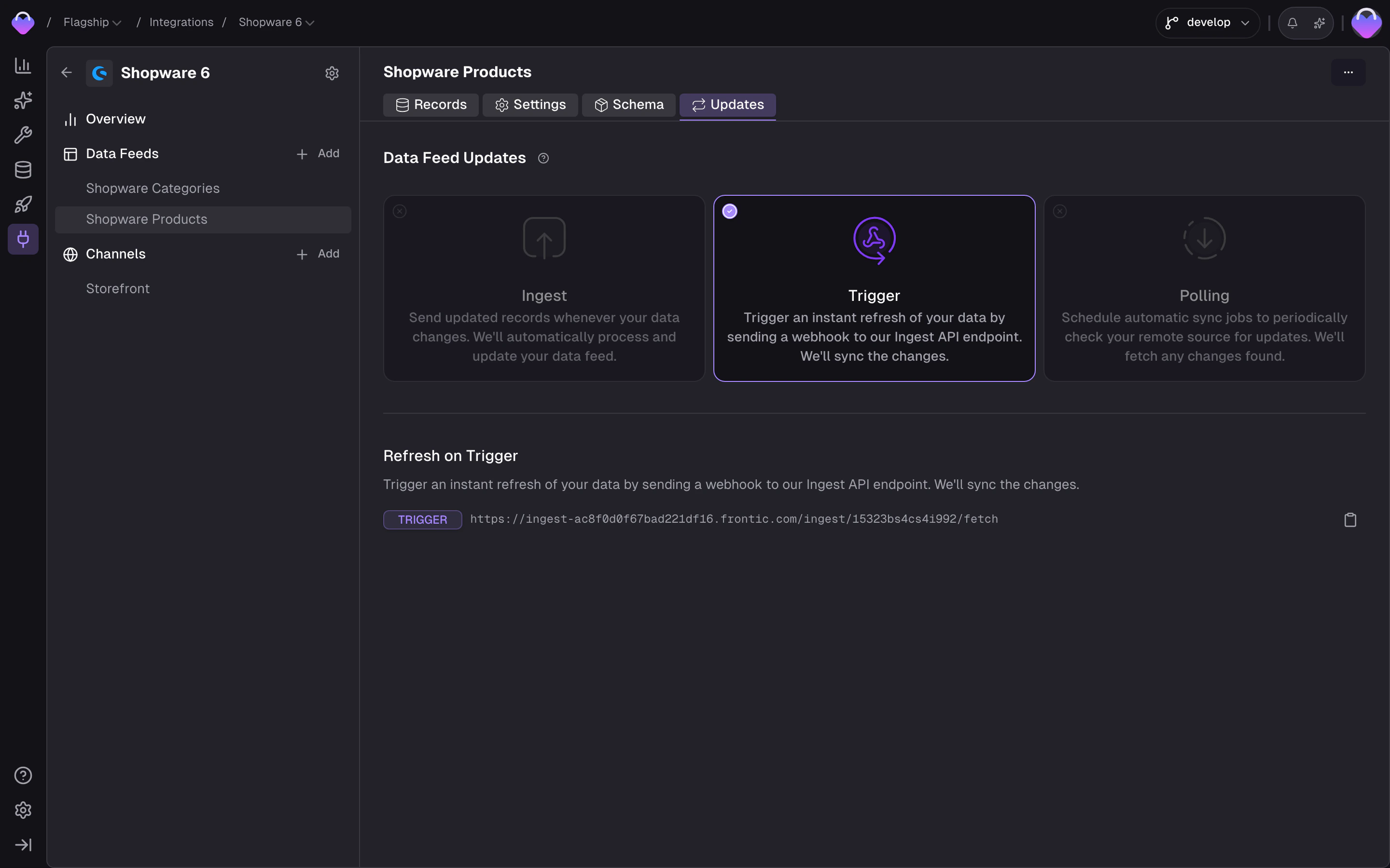 Feed Updates showing three update method cards: Ingest (push via API), Trigger (webhook), and Polling (scheduled sync with interval and time window configuration)
